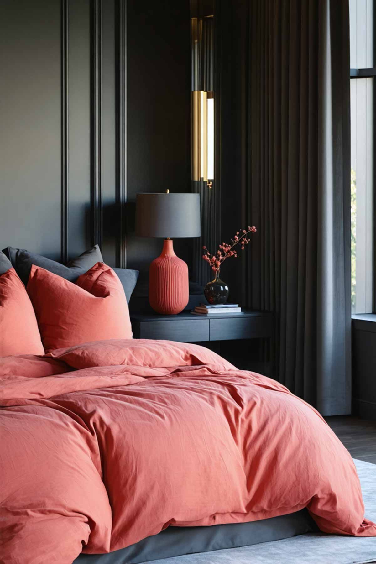 A dark moody bedroom with coral bedding and lamp base.