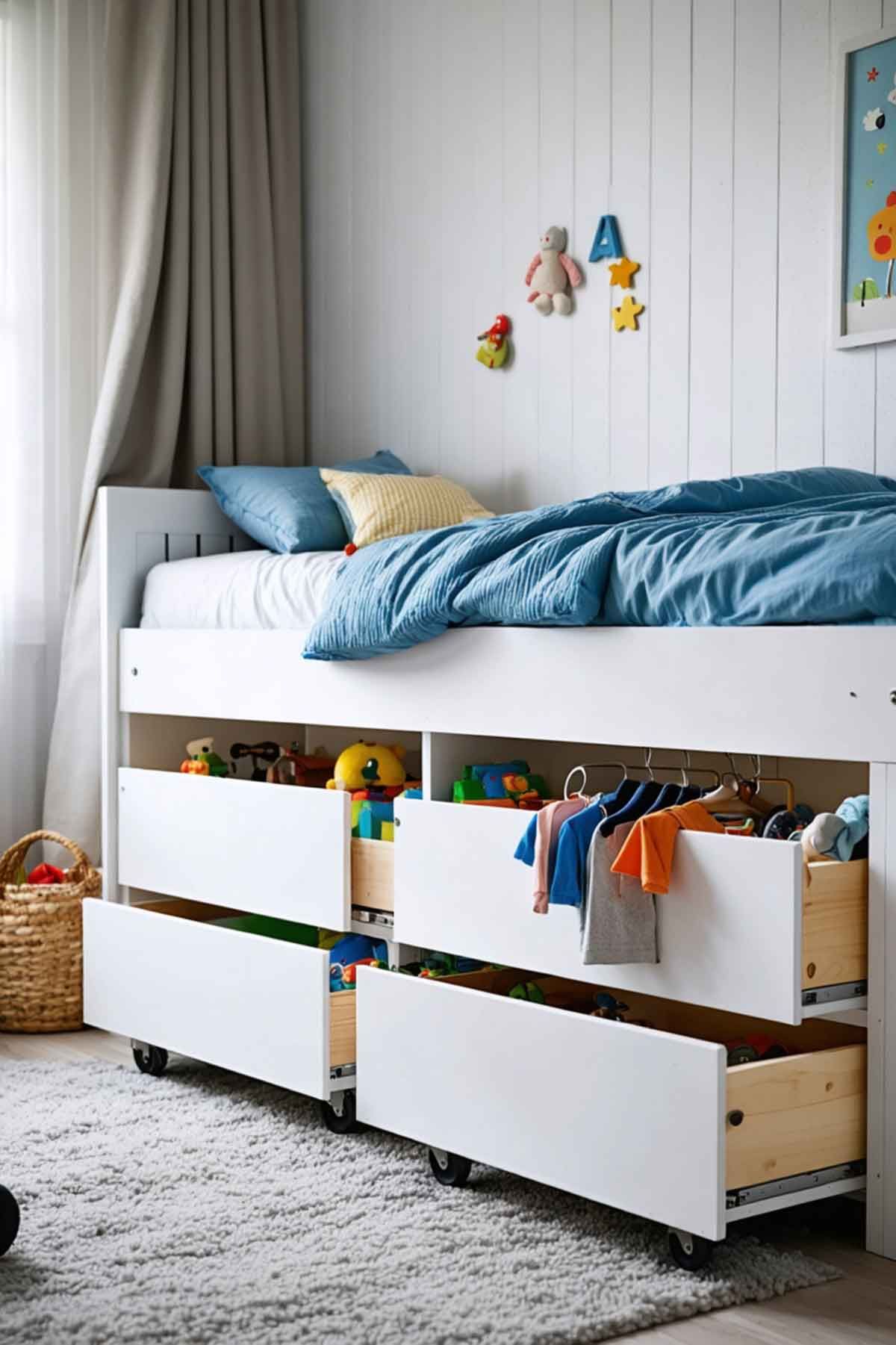A child 's bedroom with a bed and drawers underneath it.