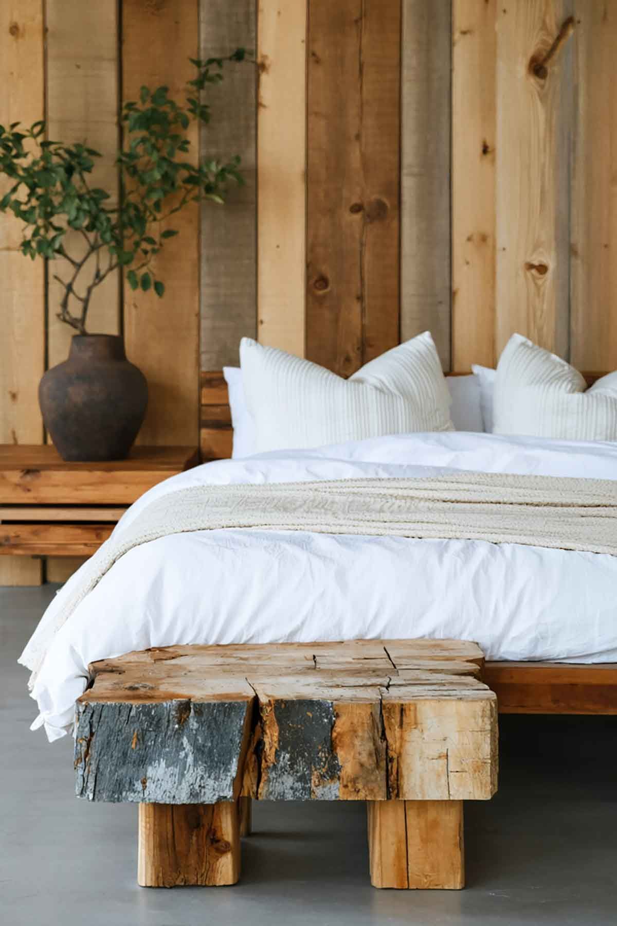 A bed with a recycled timber headboard with white sheets and a wooden bench in front of it.