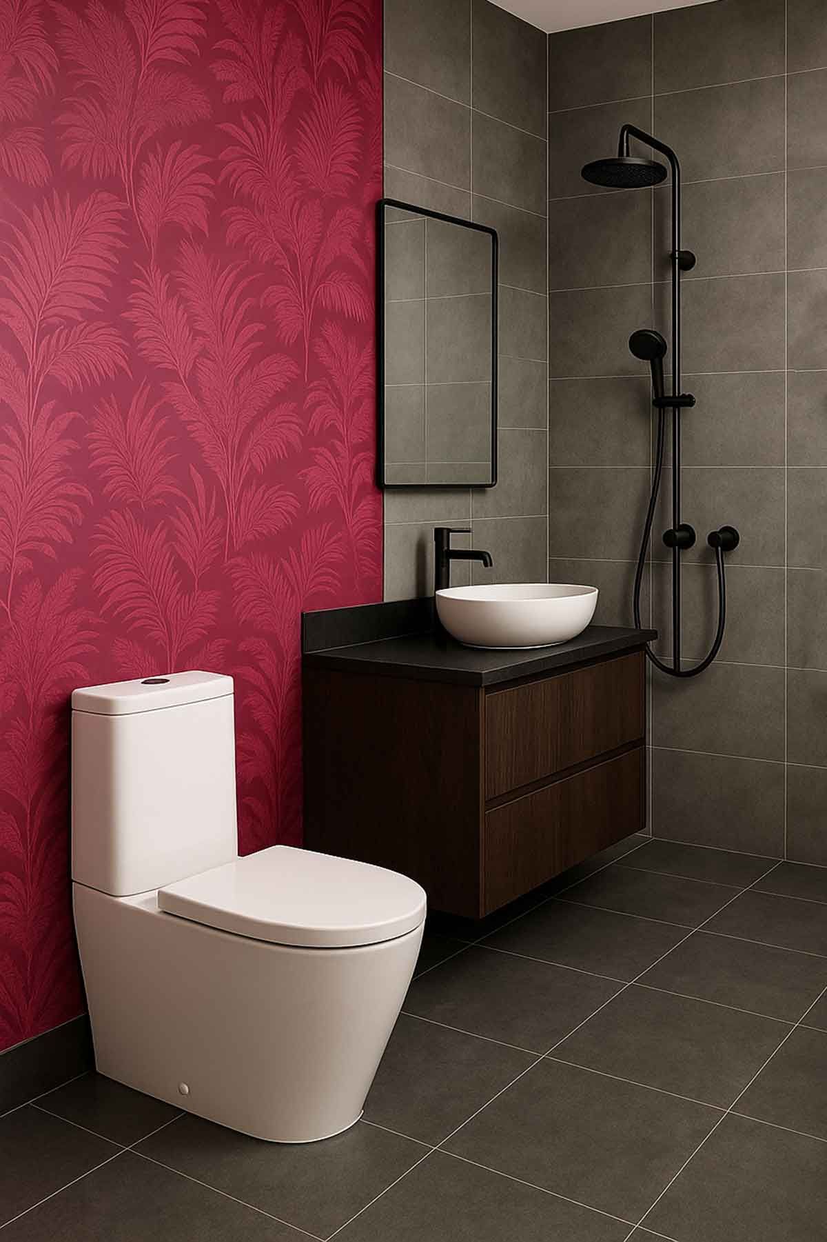 Grey tilled bathroom with a pop of fuchsia palm leaf wallpaper. 