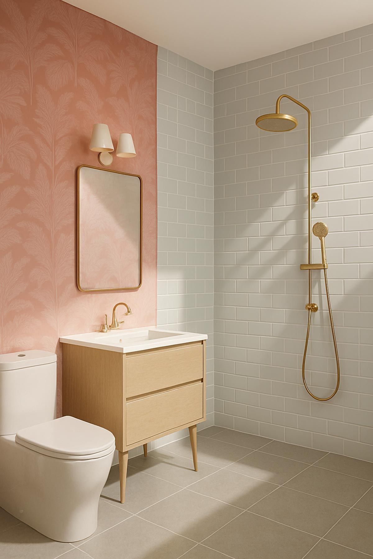 A modern bright bathroom with soft pink accent wall.