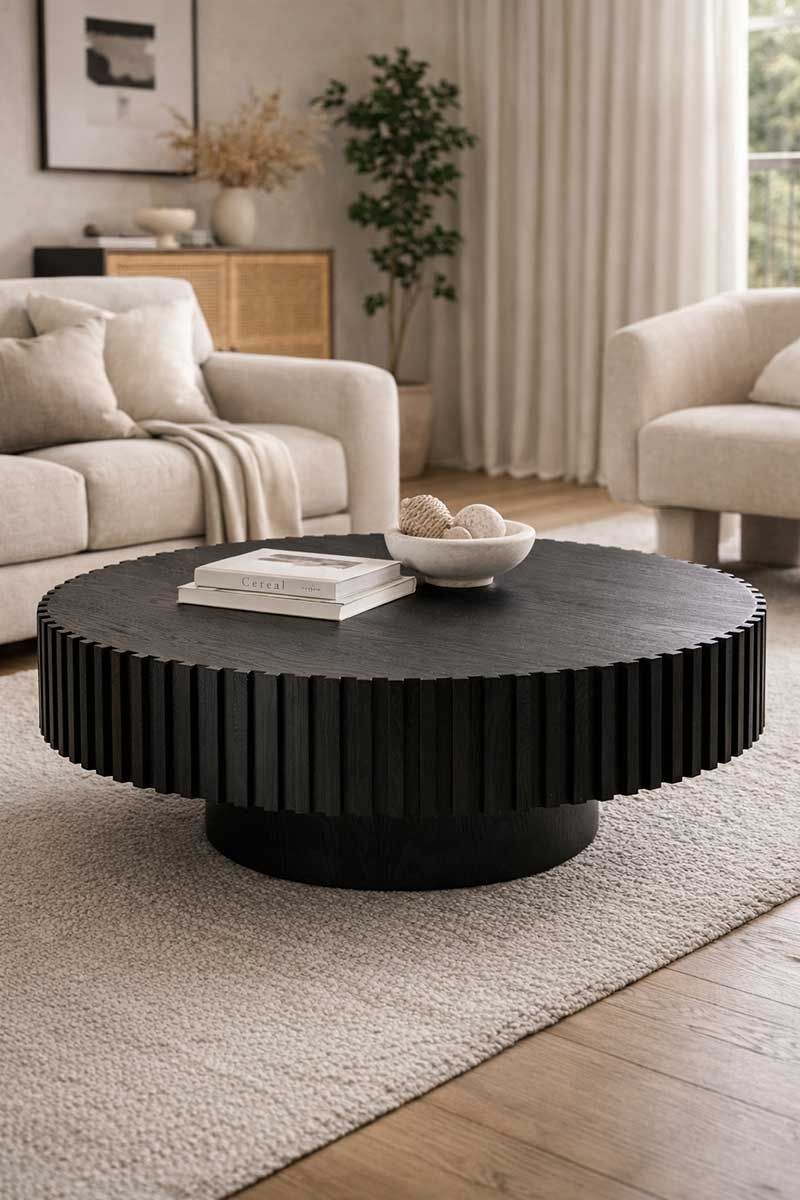 A dark, circular, fluted wooden coffee table sits on a beige rug in a modern living room.