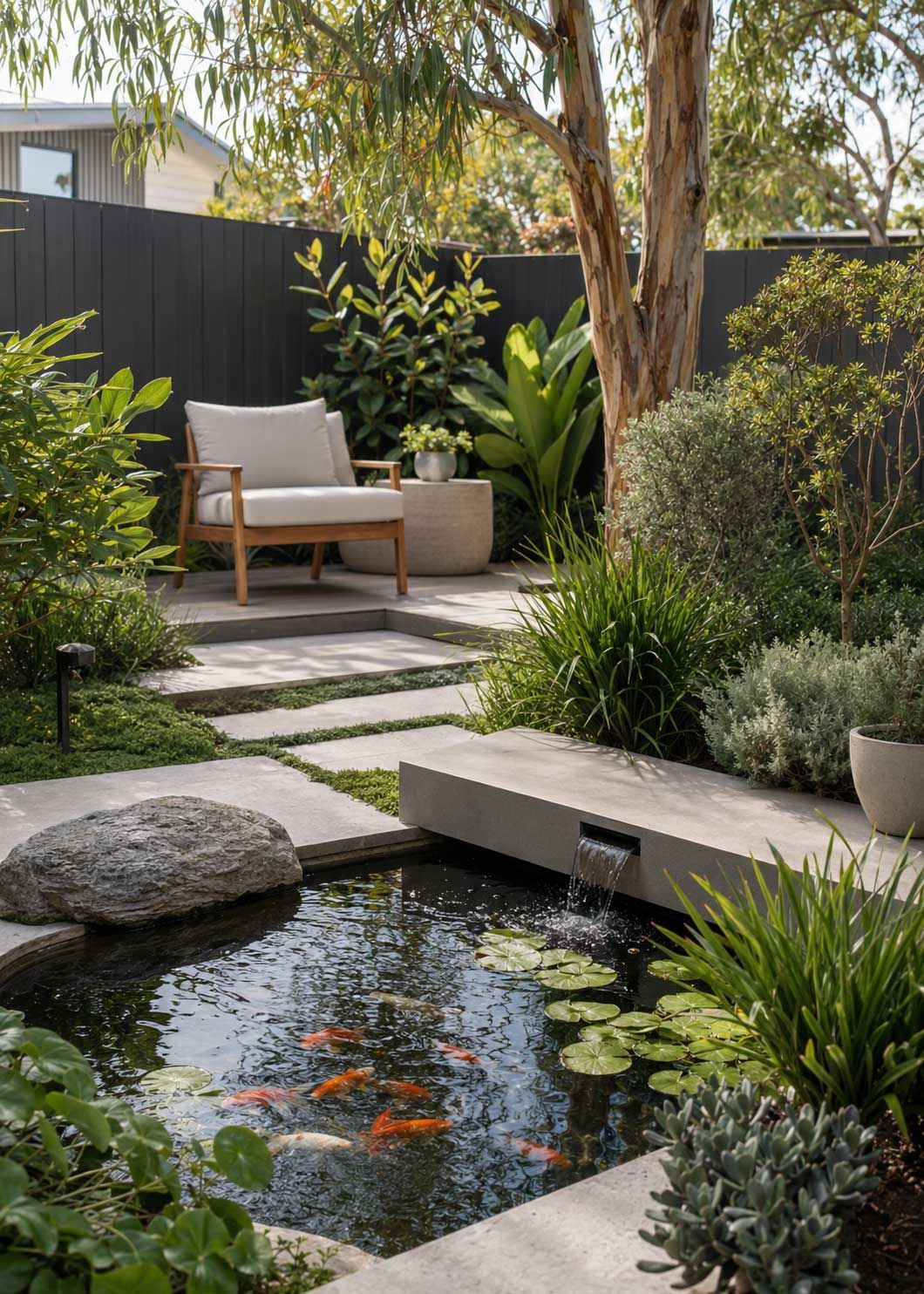 A beautiful Australian garden with a koy pond.  