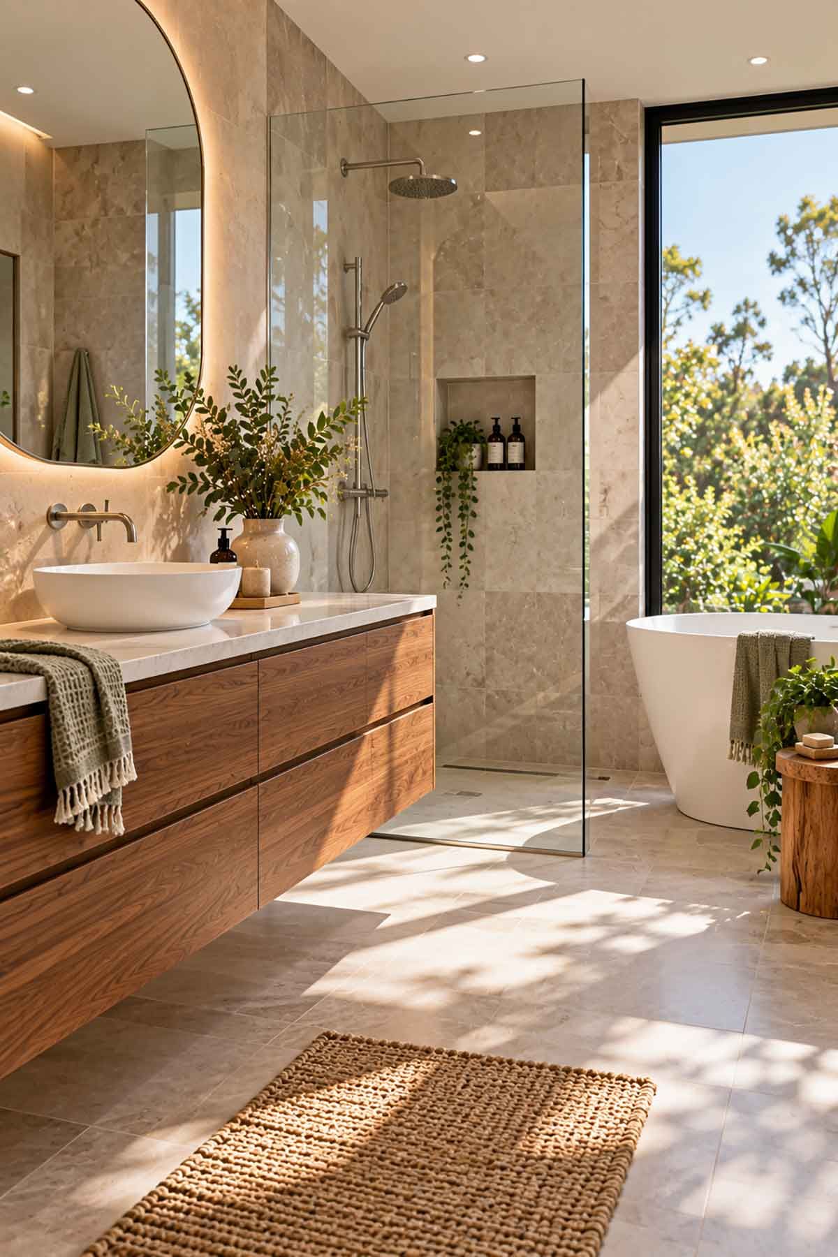 Modern Australian bathroom featuring large-format porcelain tiles, timber-look vanity and frameless glass shower.