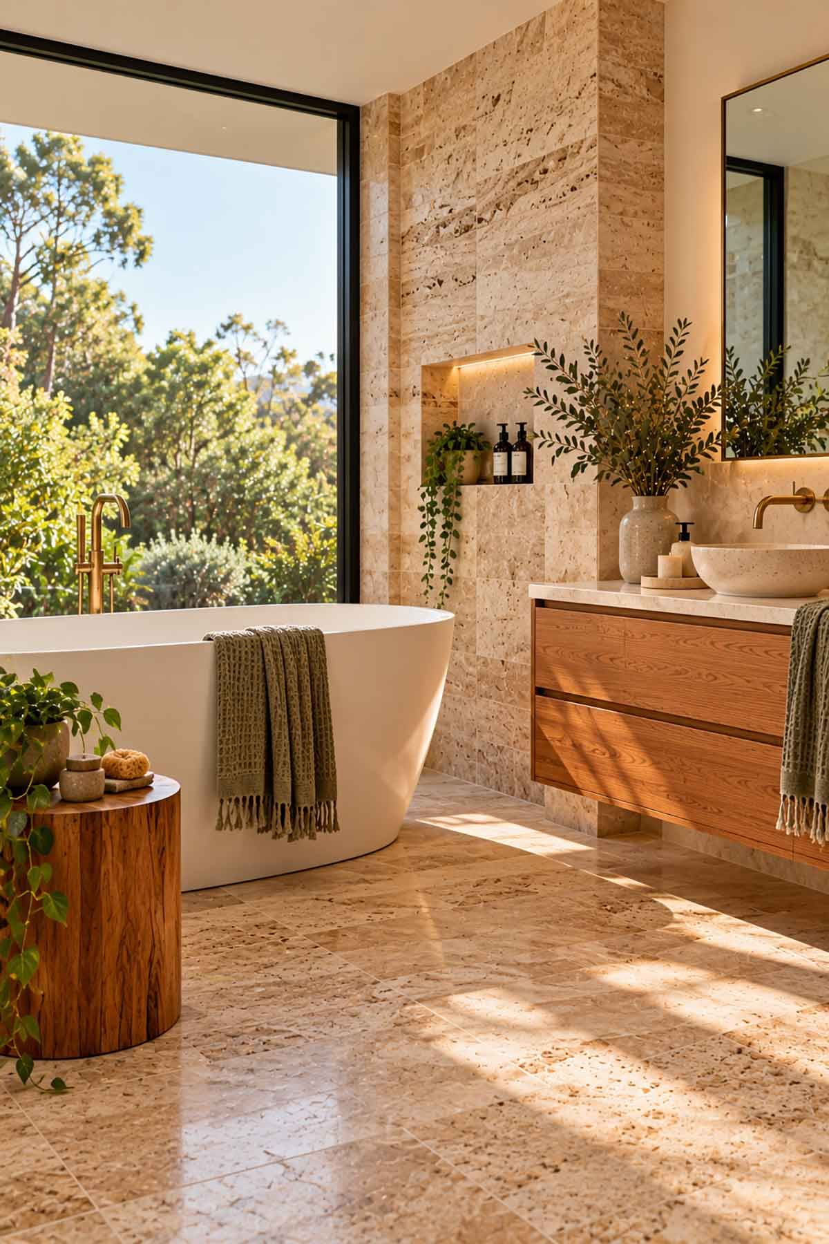 Luxury Australian bathroom with natural travertine stone, timber vanity, brass tapware and freestanding bath.