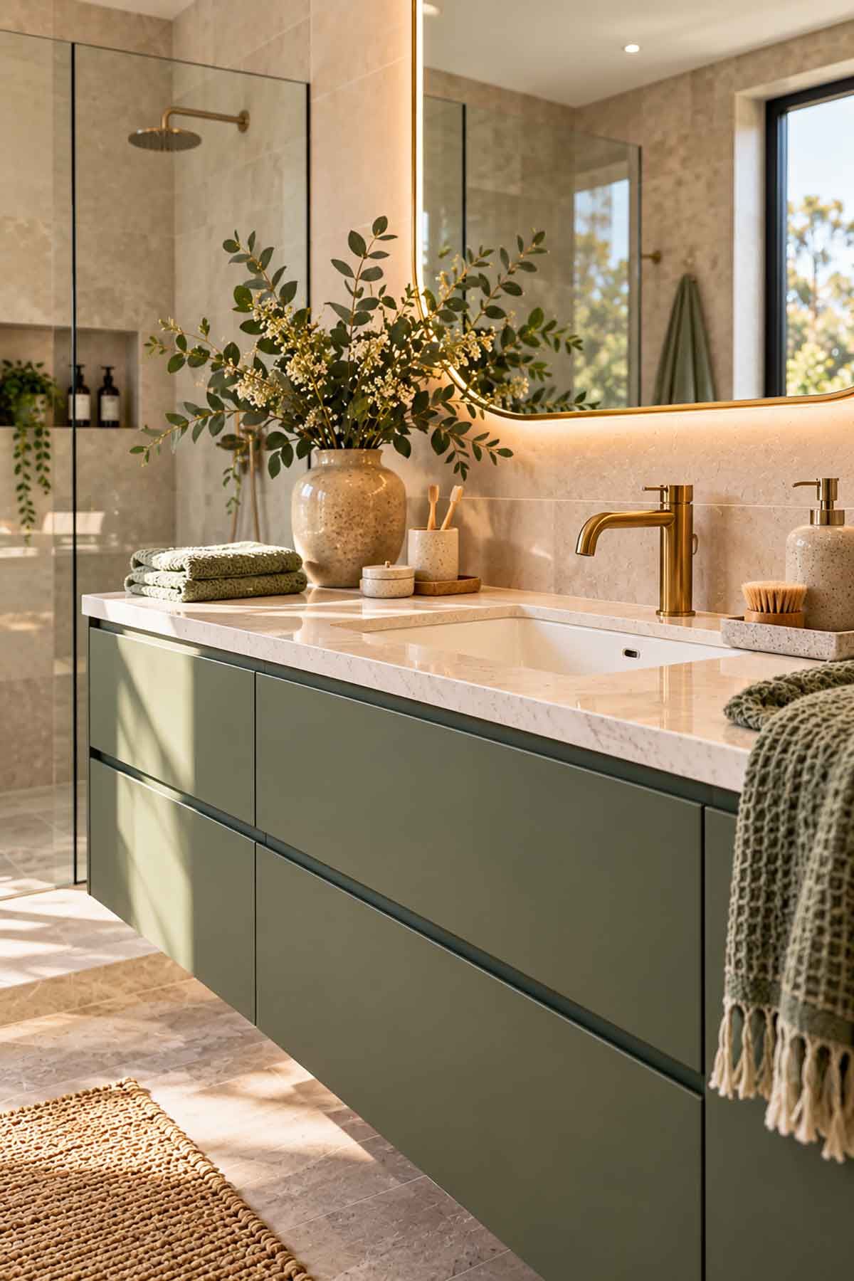 Eucalyptus green floating bathroom vanity with porcelain benchtop, integrated basin and brushed brass tapware.