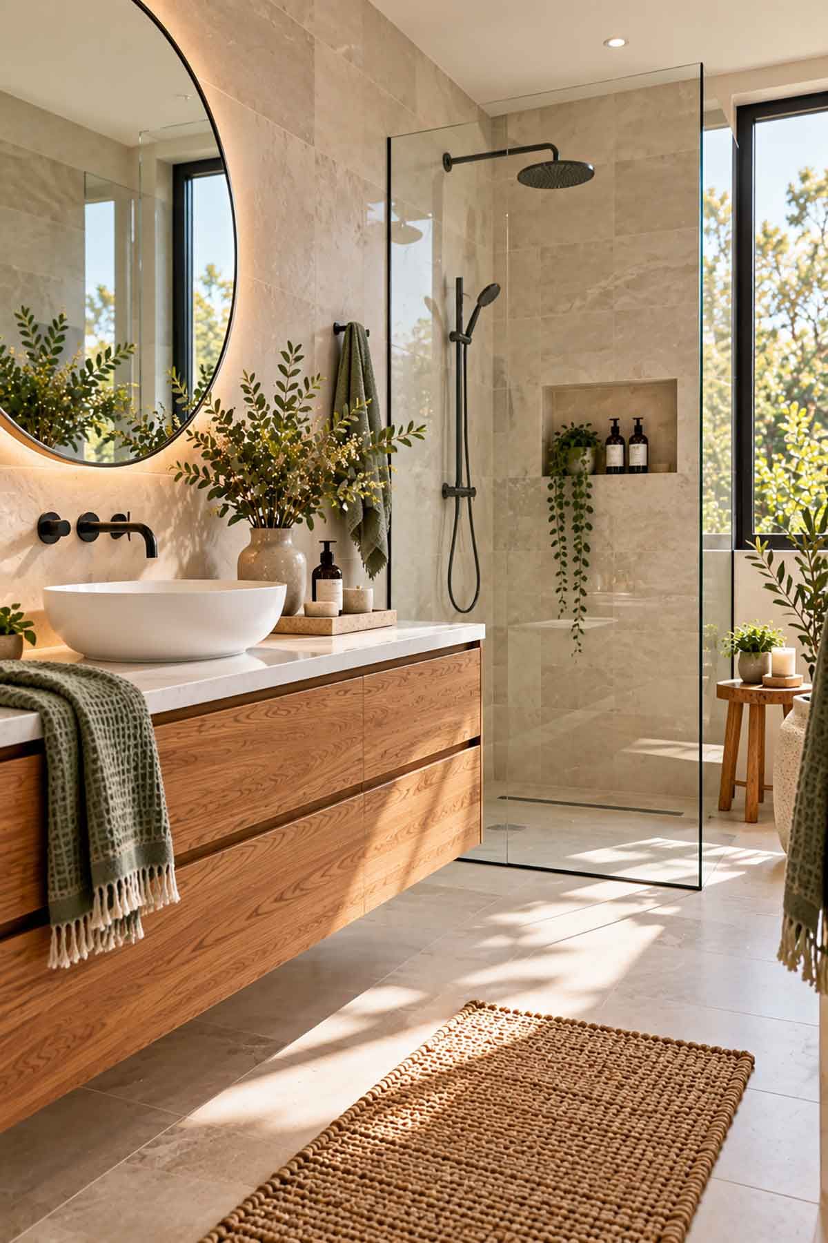 Modern walk-in shower with large-format porcelain walls, frameless glass and stainless steel fittings.