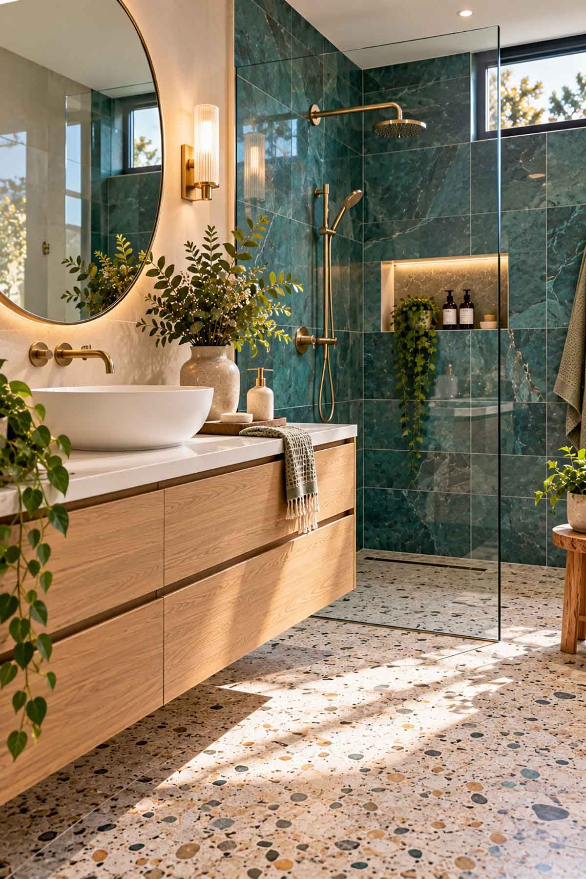 Colourful Australian bathroom with blue-green porcelain tiles, terrazzo-look flooring and pale timber-look vanity.