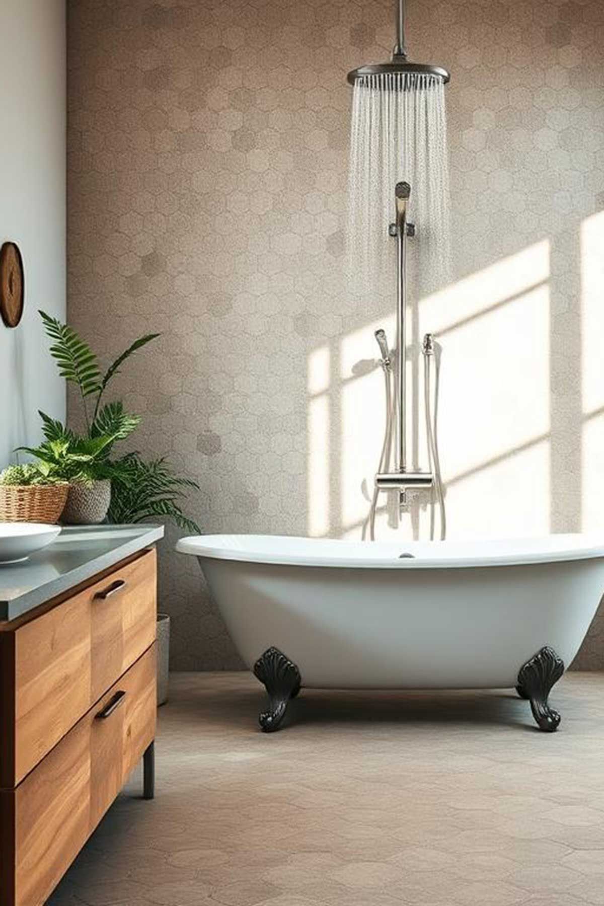 A bathroom with a bathtub , sink , and shower.
