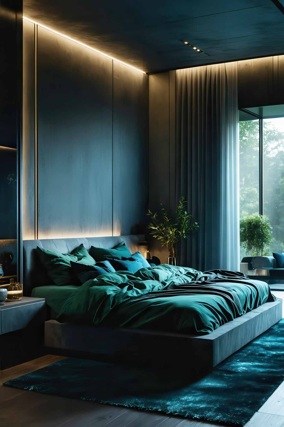 A dark moody bedroom using overhead lighting to create the theme