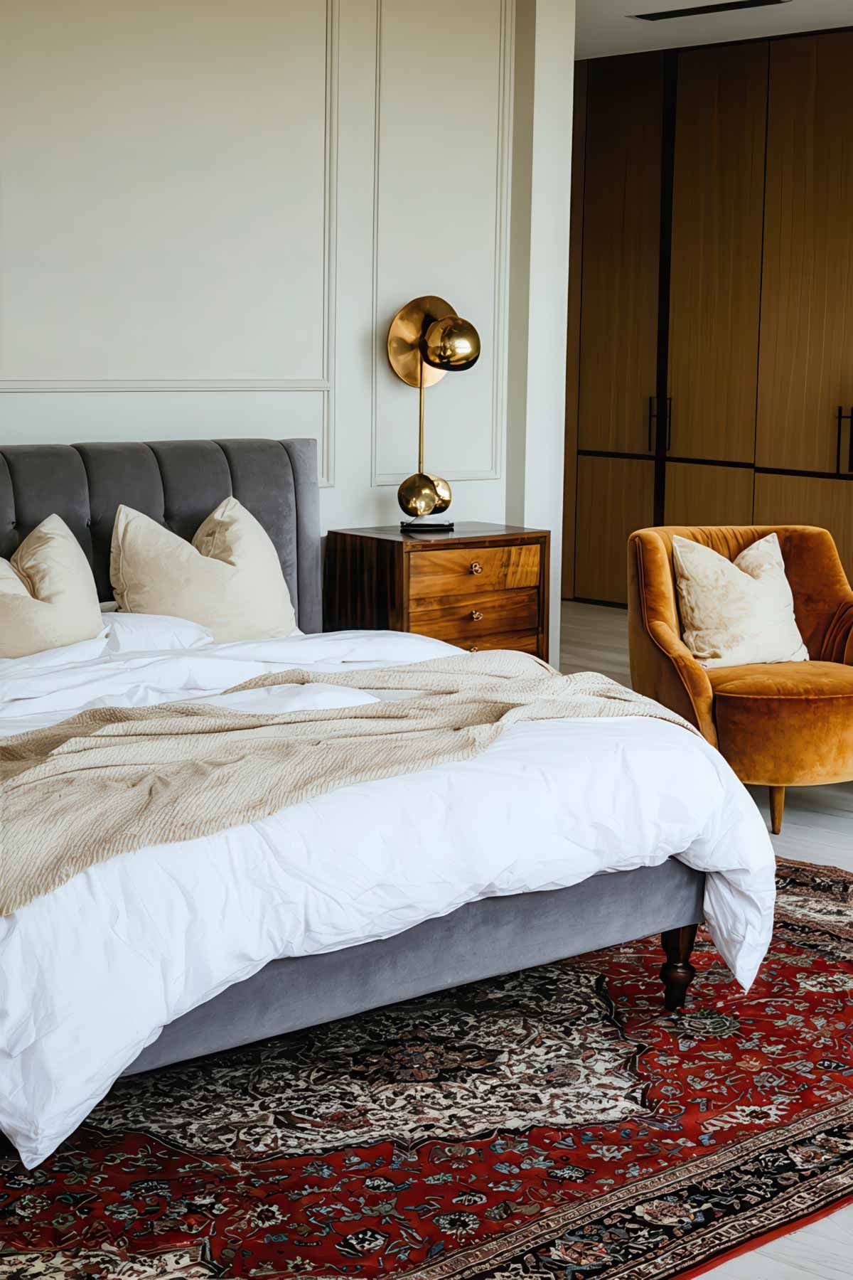 Modern and vintage pieces working together in a bedroom