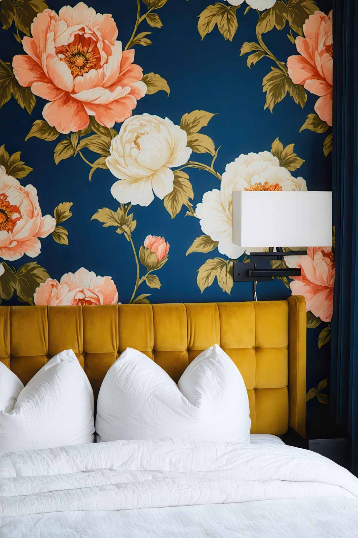 Dark blue floral wallpaper behind a velvet bed head