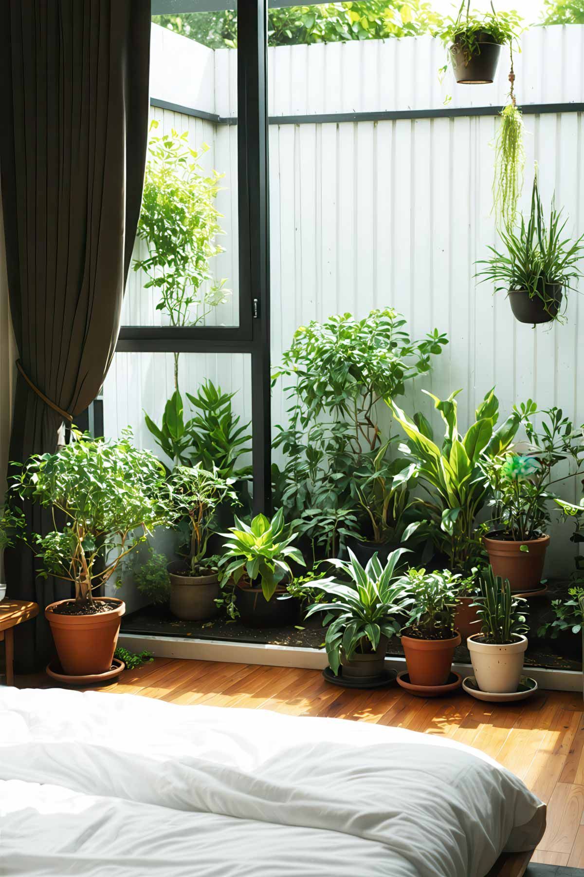 A bedroom with an open window showing lots of plants in the courtyard