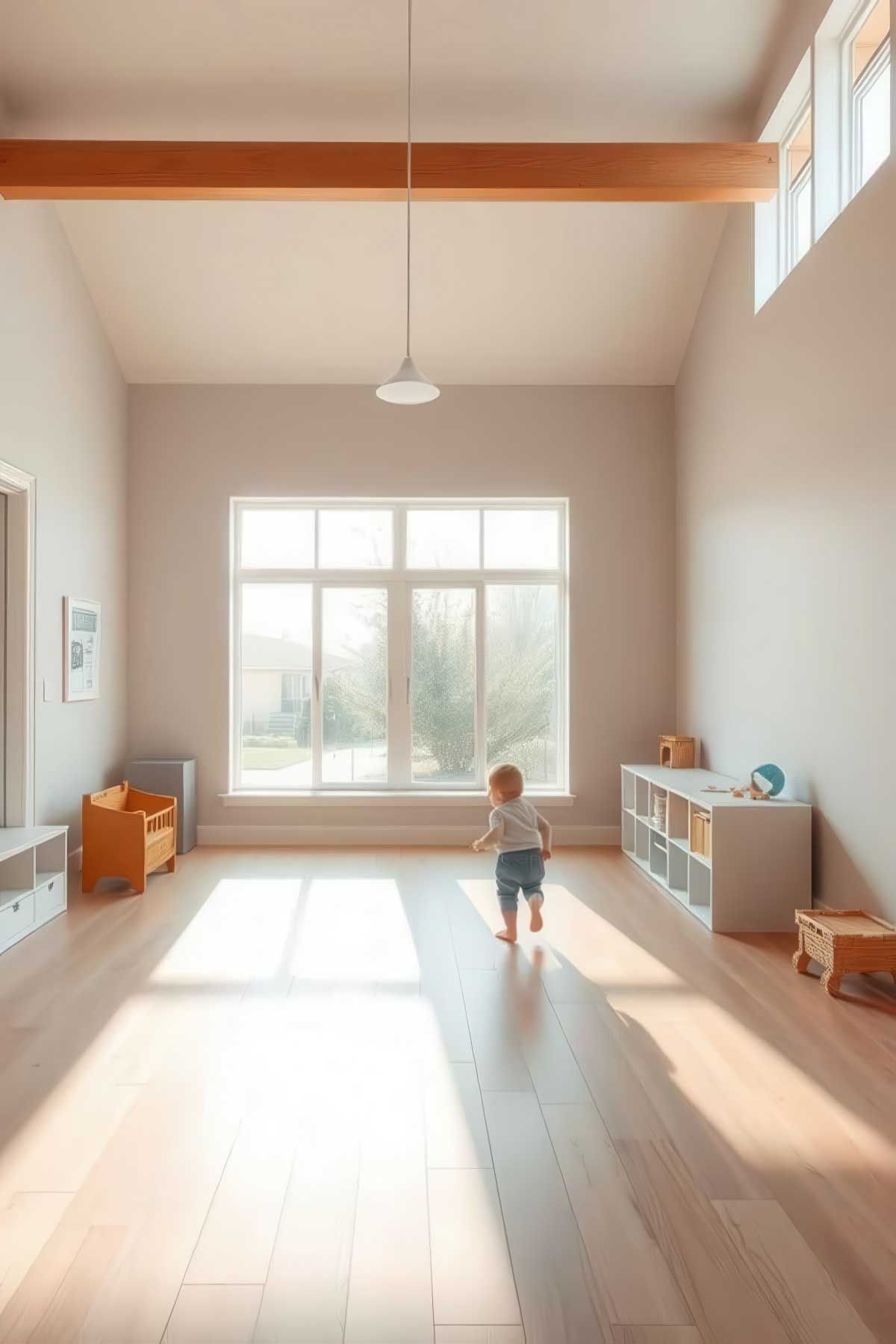 A small child running in a light and bright games room. 