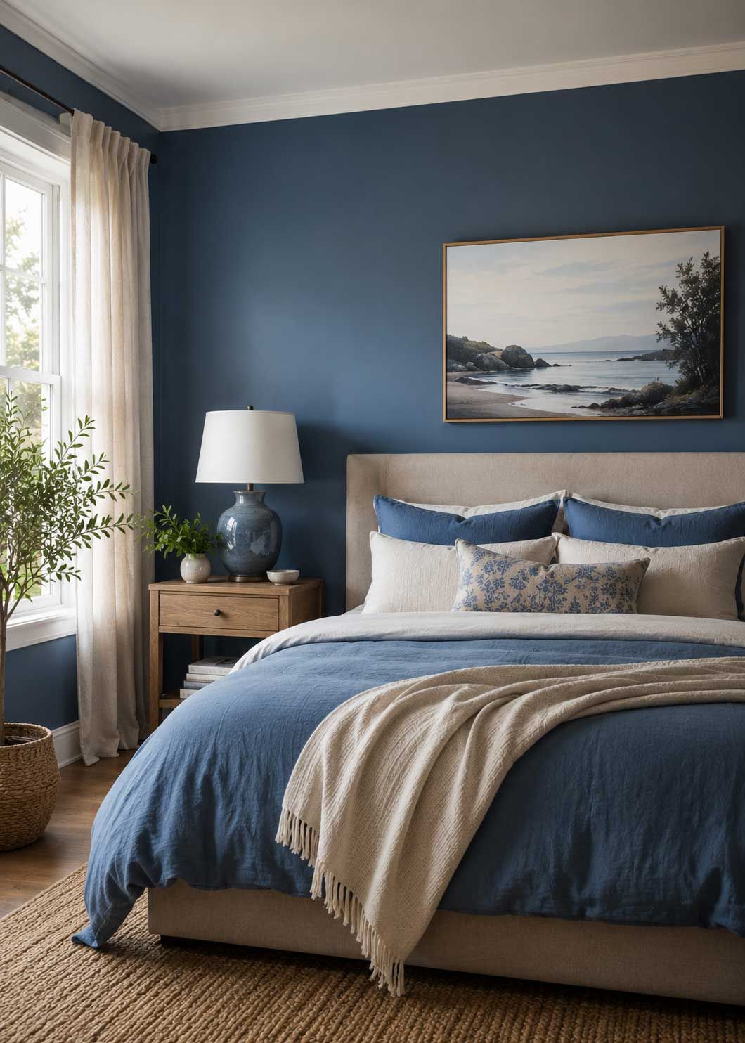 A master bedroom with different blue accents. 