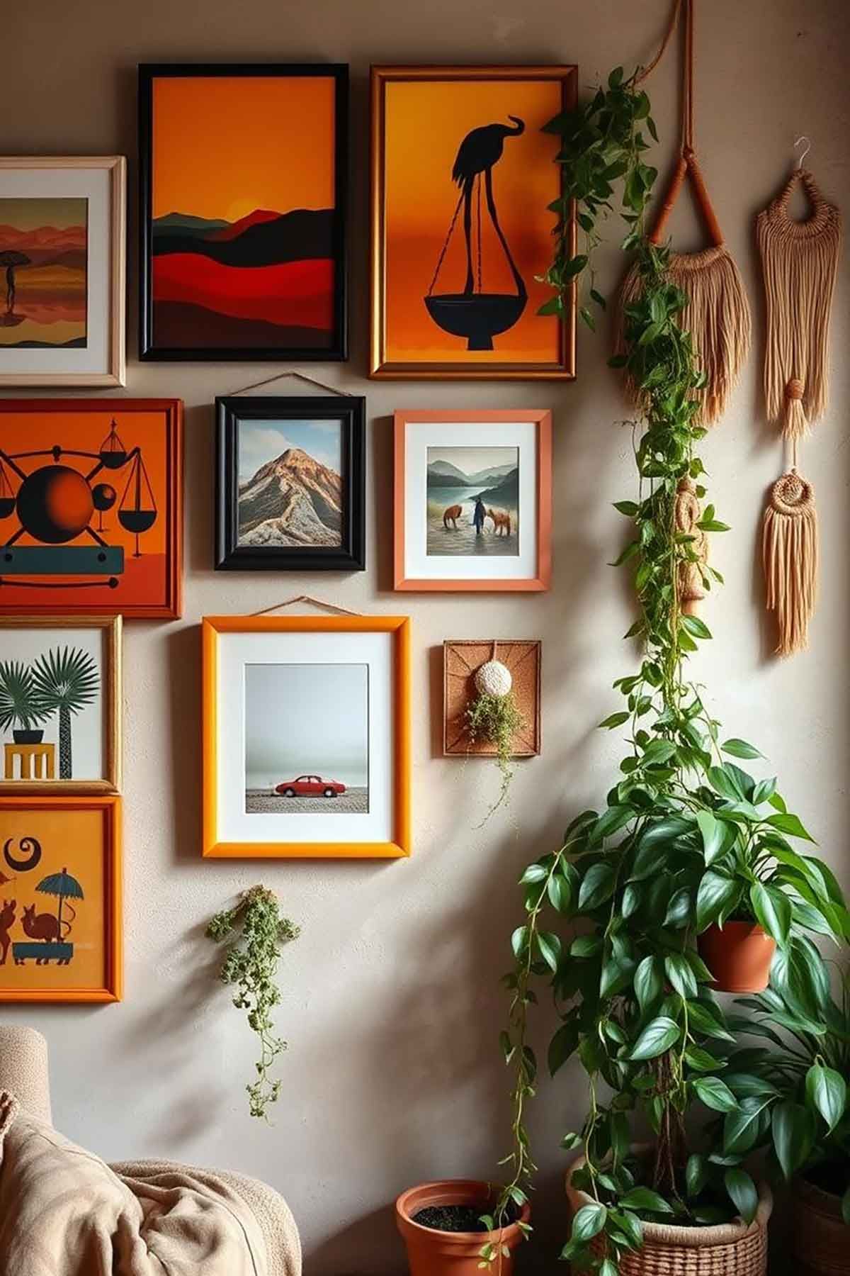 A boho gallery wall filled with lots of pictures and potted plants.