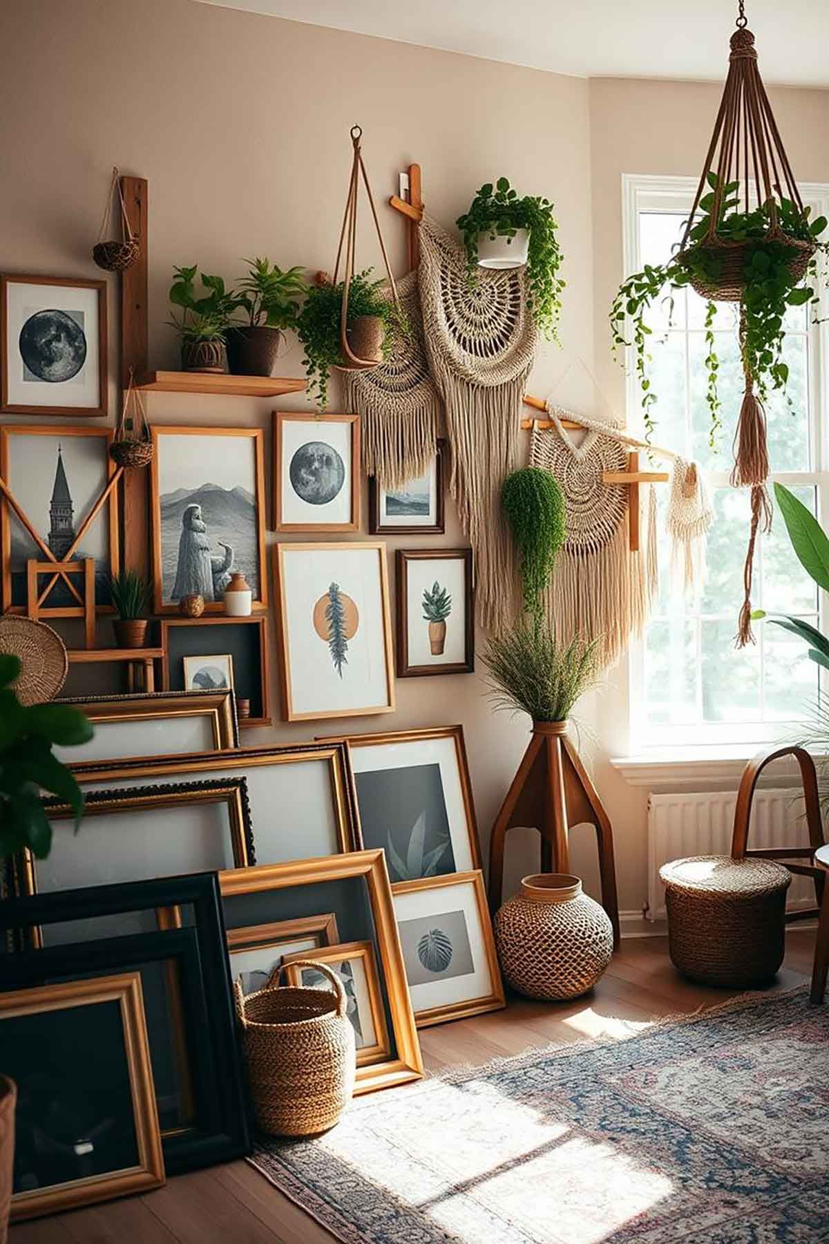 A living room with a lot of pictures on the wall and a lamp.