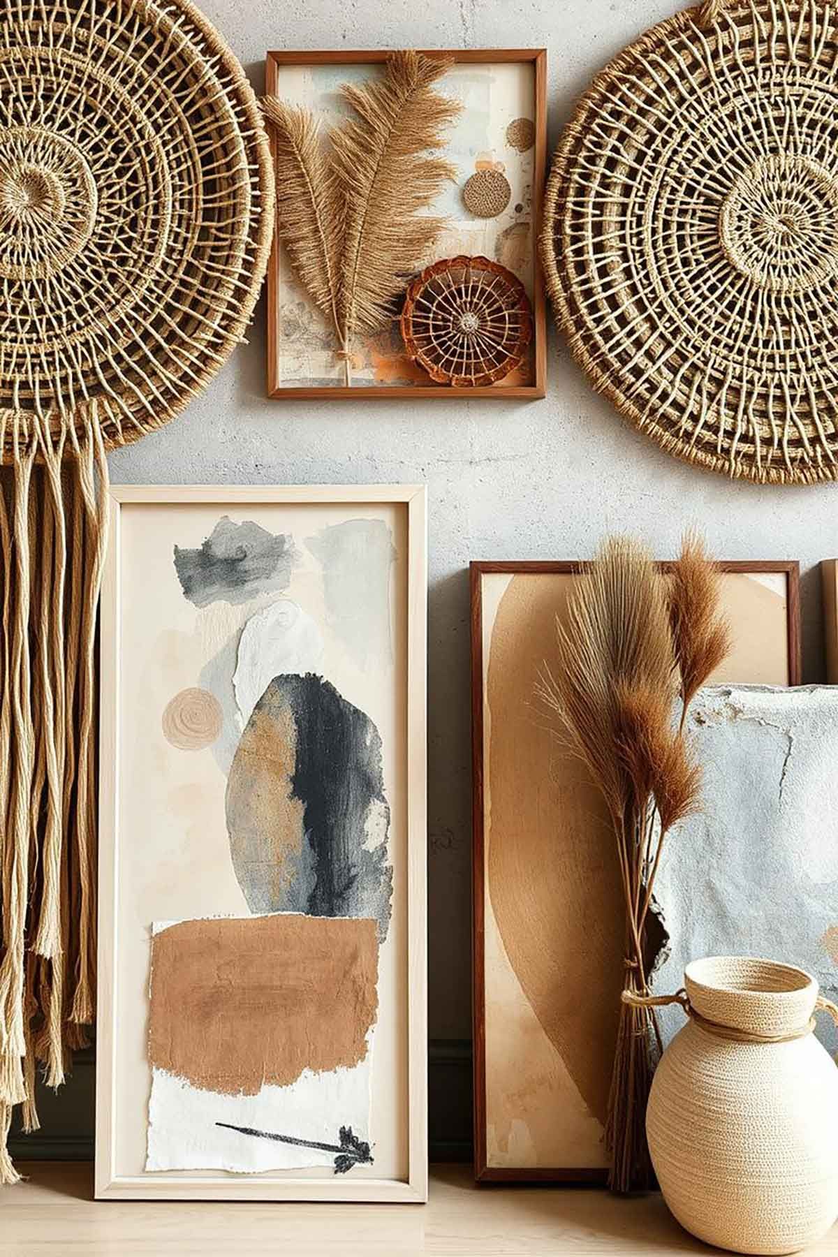 A room with a lot of paintings on the wall with boho styled  weavings and a vase.