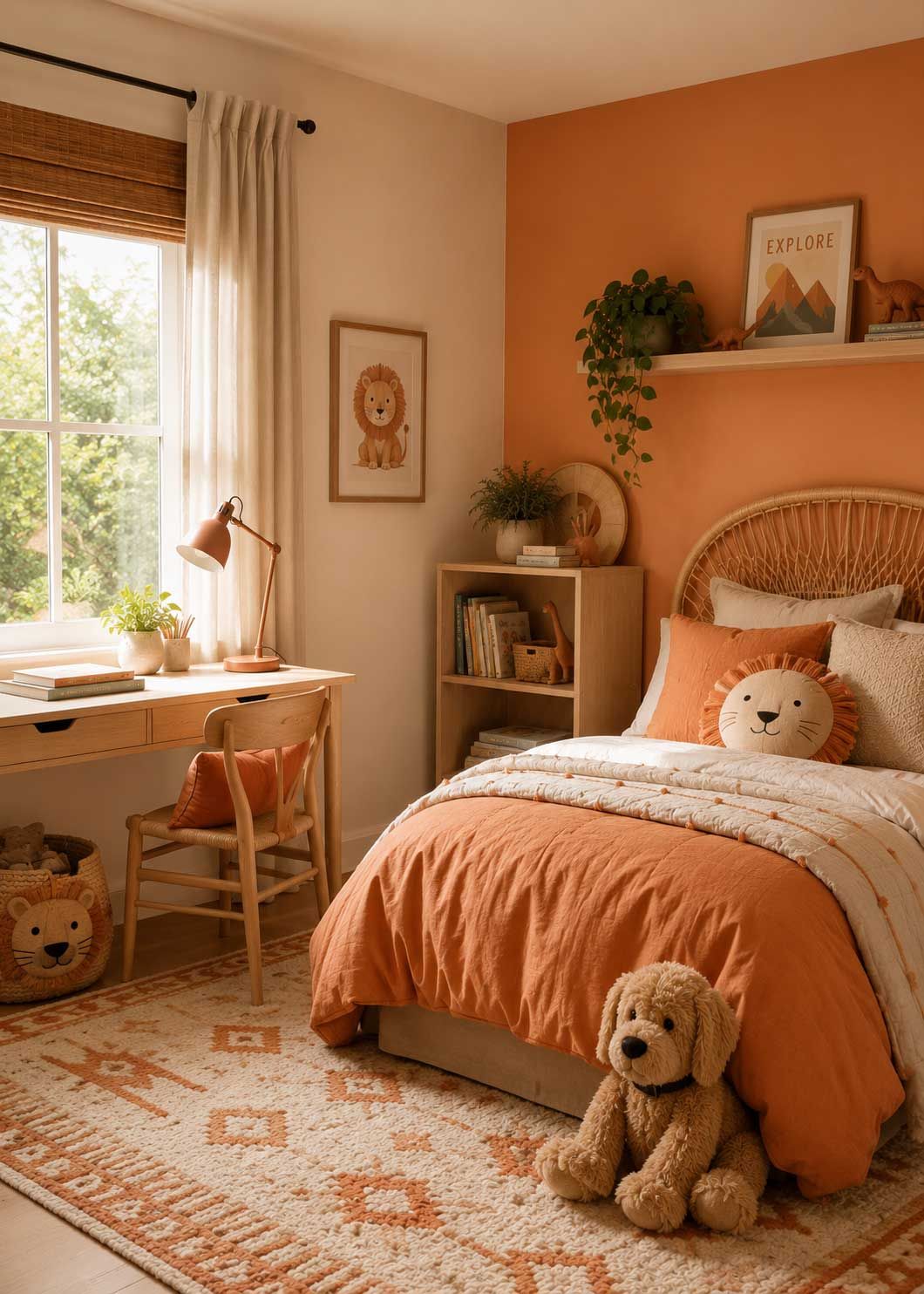 A child's bedroom using a vibrant orange sherbet to keep the space lively.