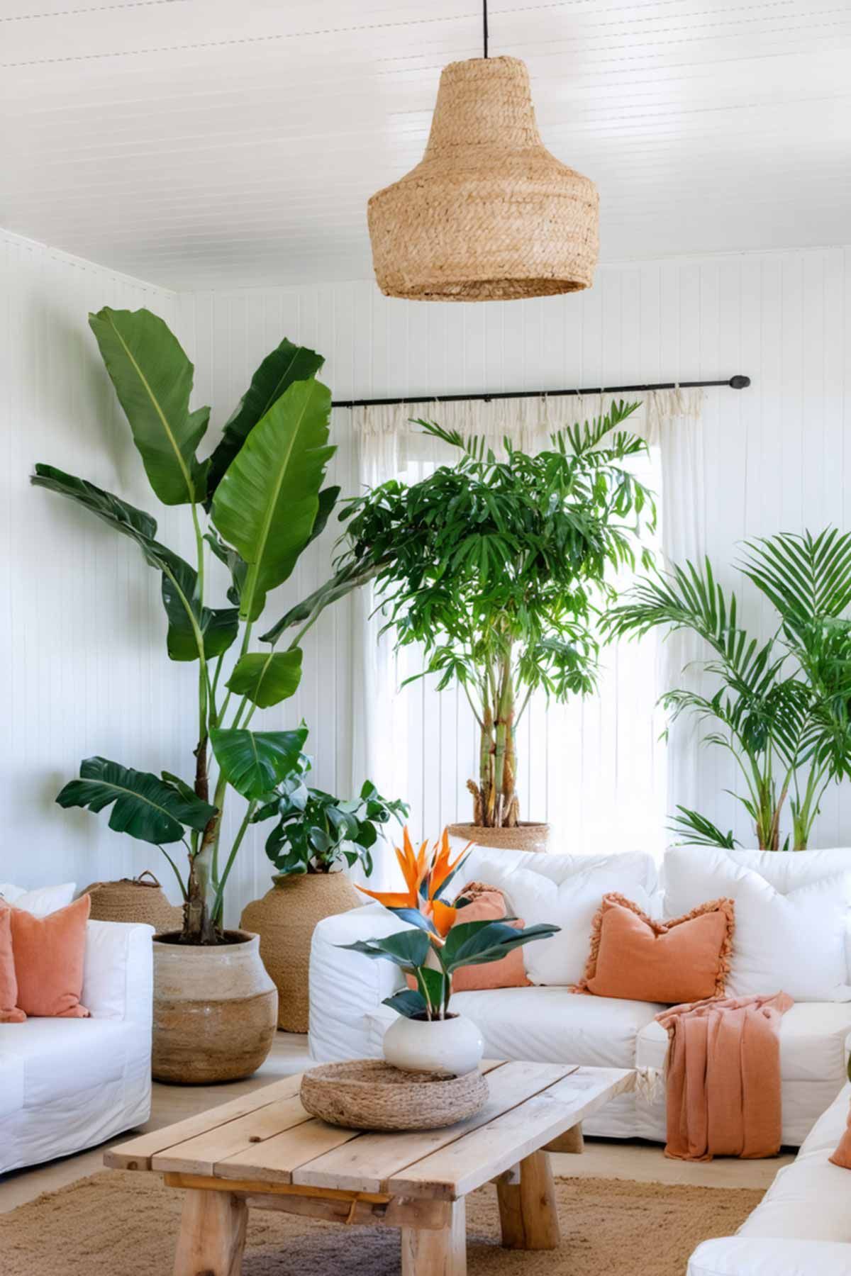 A coastal styled living room with peach accents and plants in clay pots