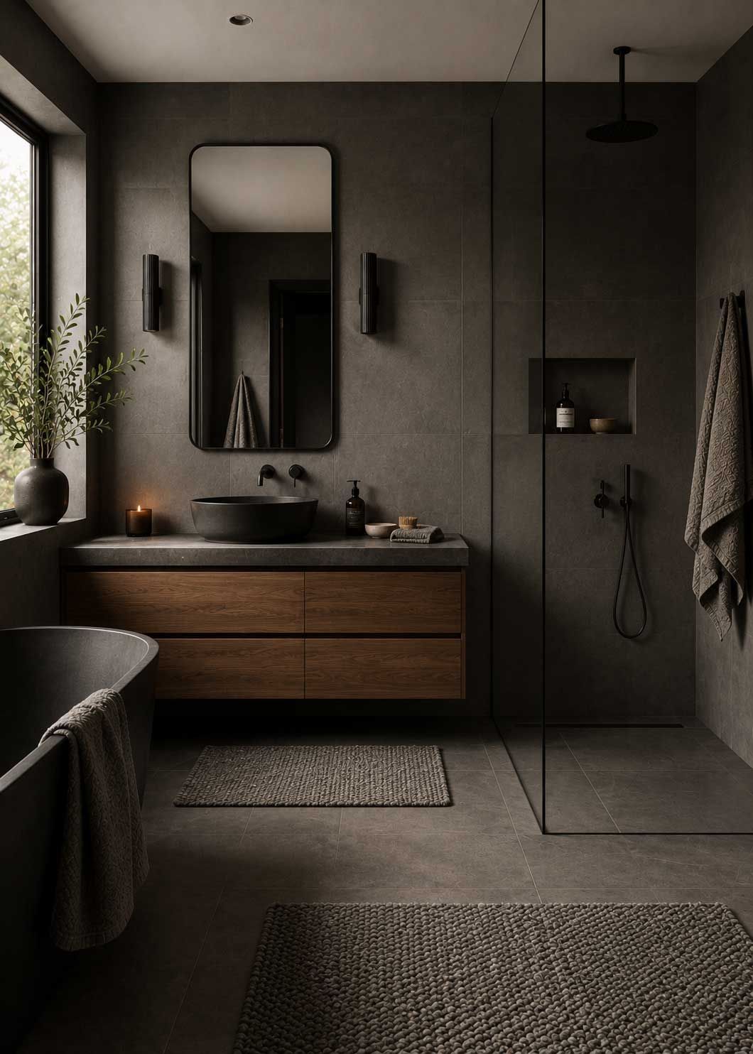 A luxury minimalist bathroom using textured floor rugs to create interest.