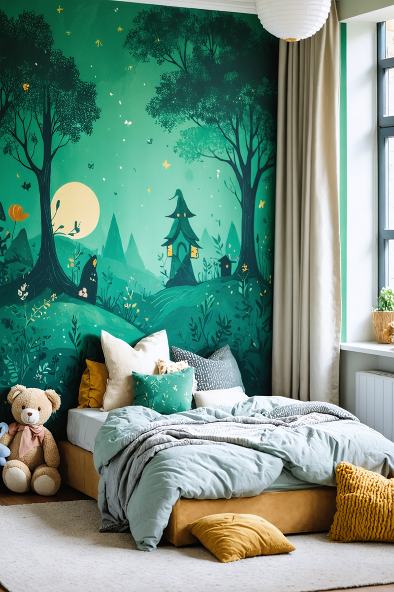 A bedroom with a green mural of a magical forest and a house behind a bed with plush bedding and a teddy bear.