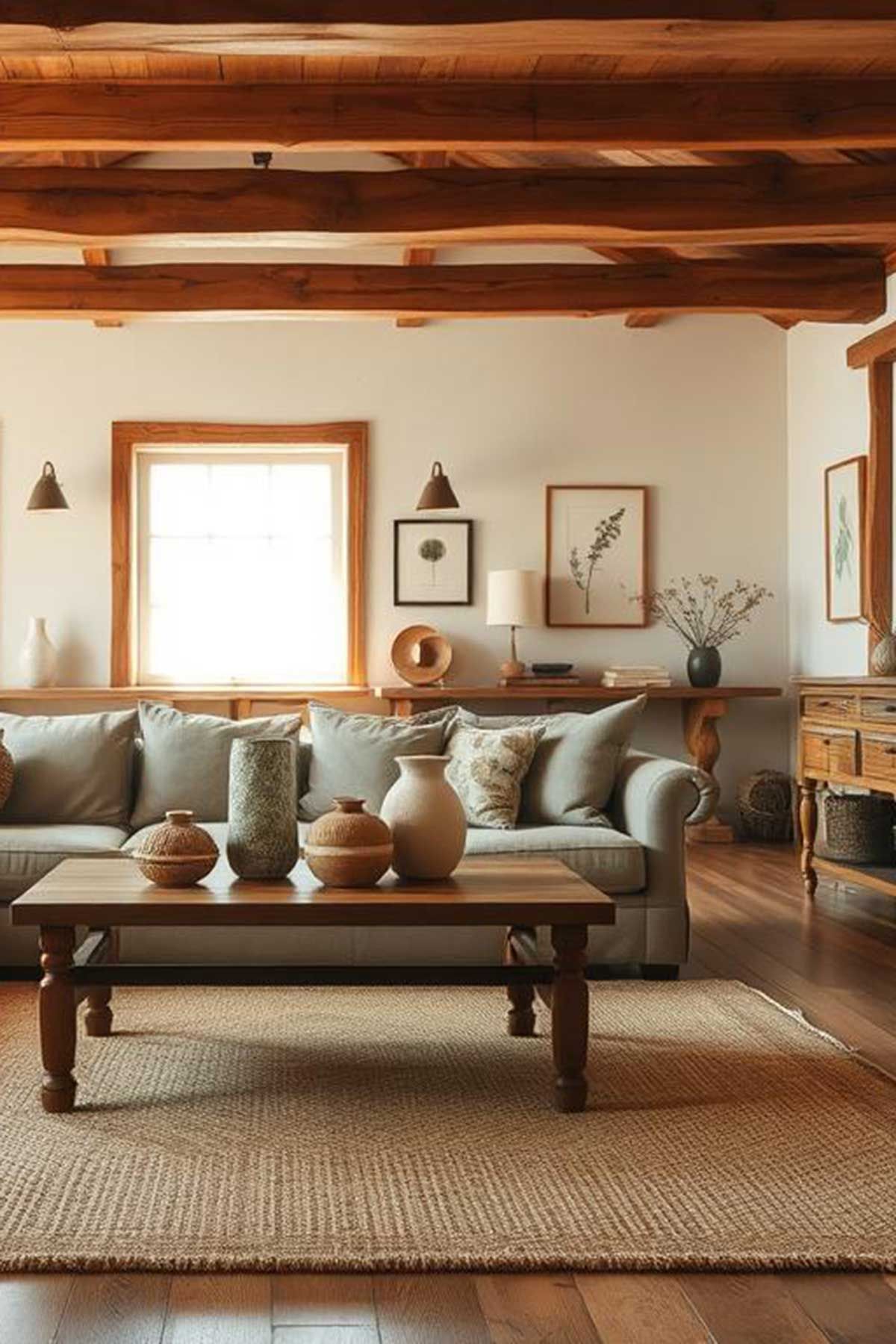 A living room with a couch , coffee table , vases and a rug.