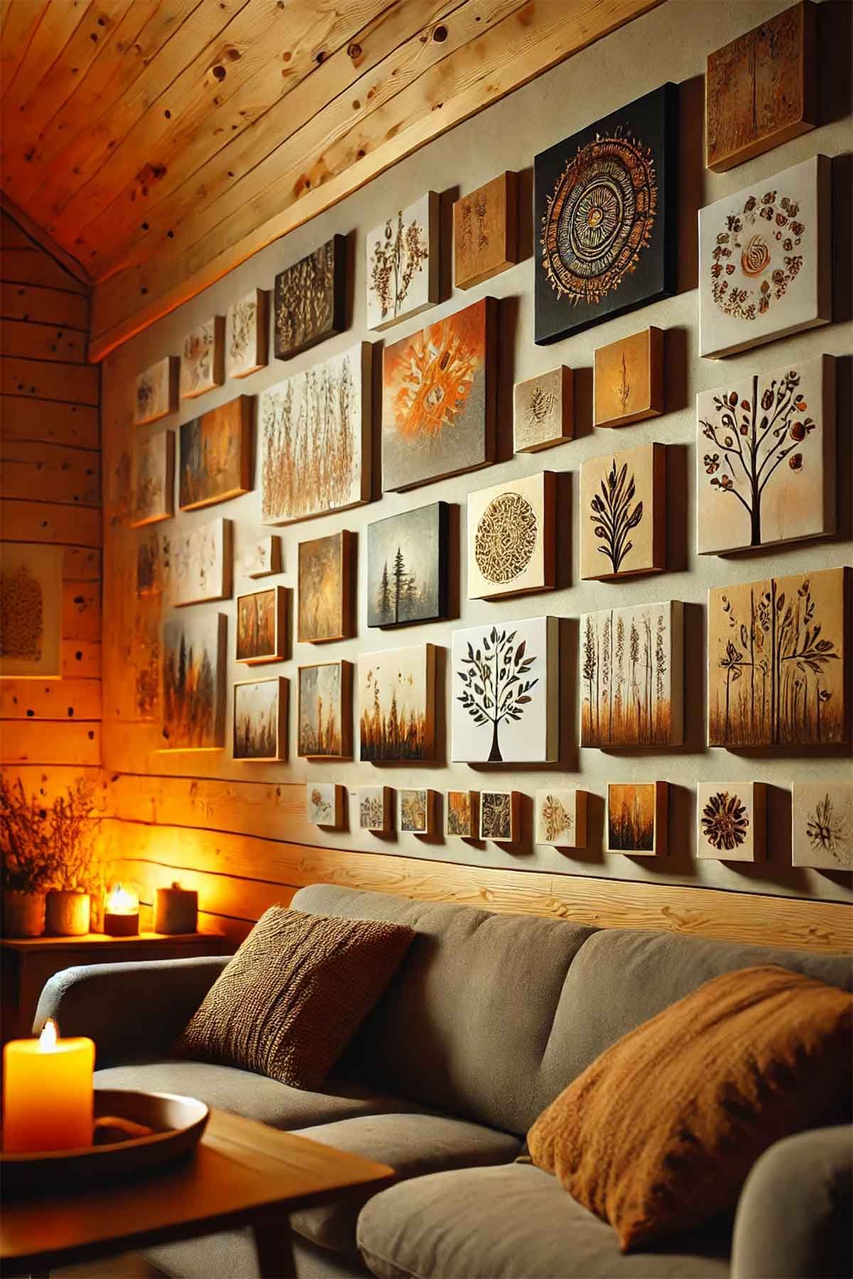 Hand made and painted canvases on a living room wall