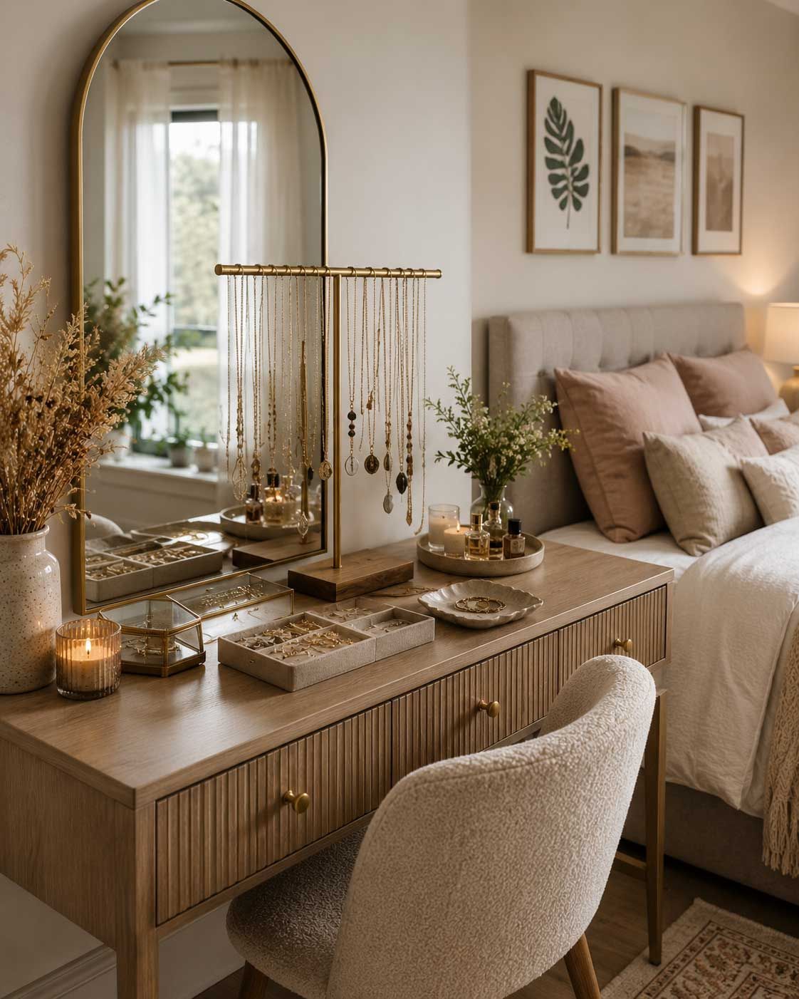 A modern bedroom with a bedside table with a hanging set up for necklaces.