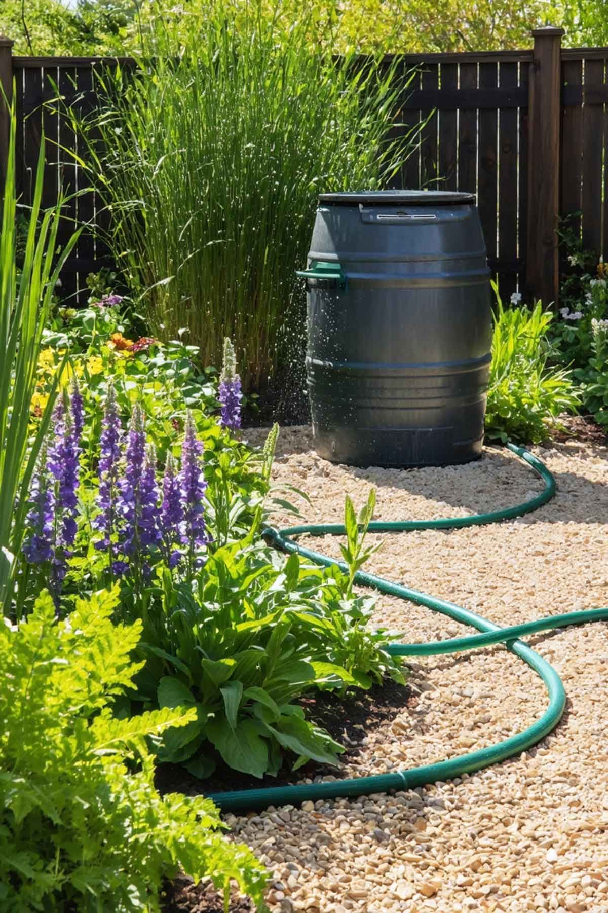 A low maintenance garden with a rainwater barrel and stone walkway