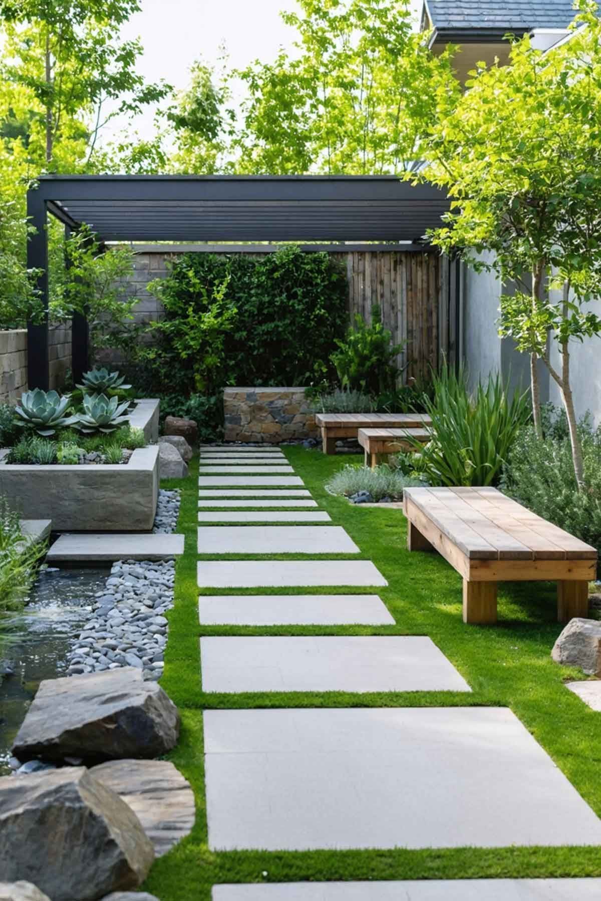 A lovely garden with a concrete path and bench seating