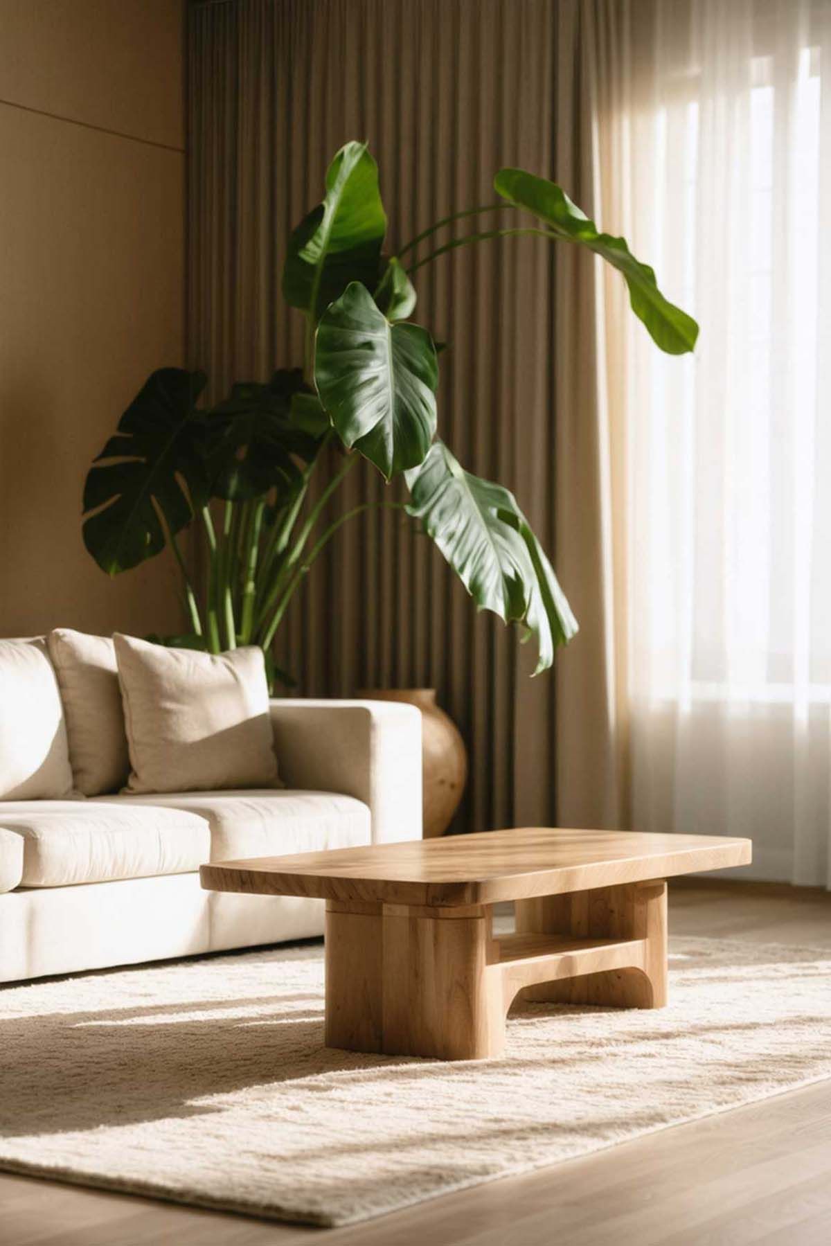 A living room with a couch , coffee table , and plant embracing the minimalist style of decorating