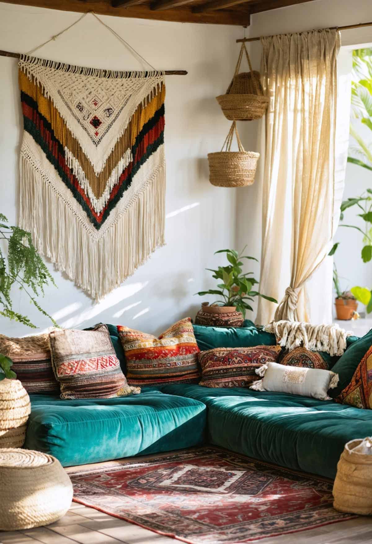 A typical boho living space with a brightly coloured velvet sofa and layers of cushions and throws.
