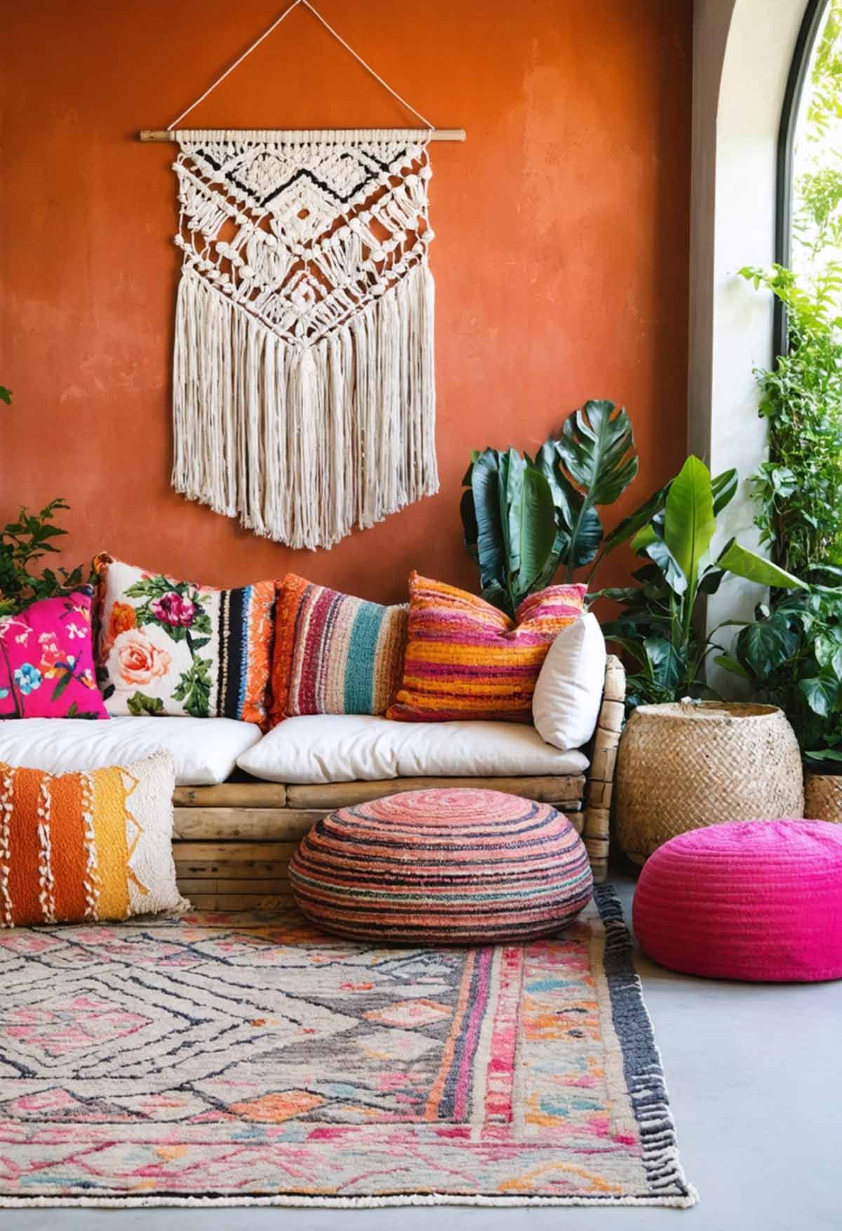 A Bohemian styled living space with contemporary pieces. 