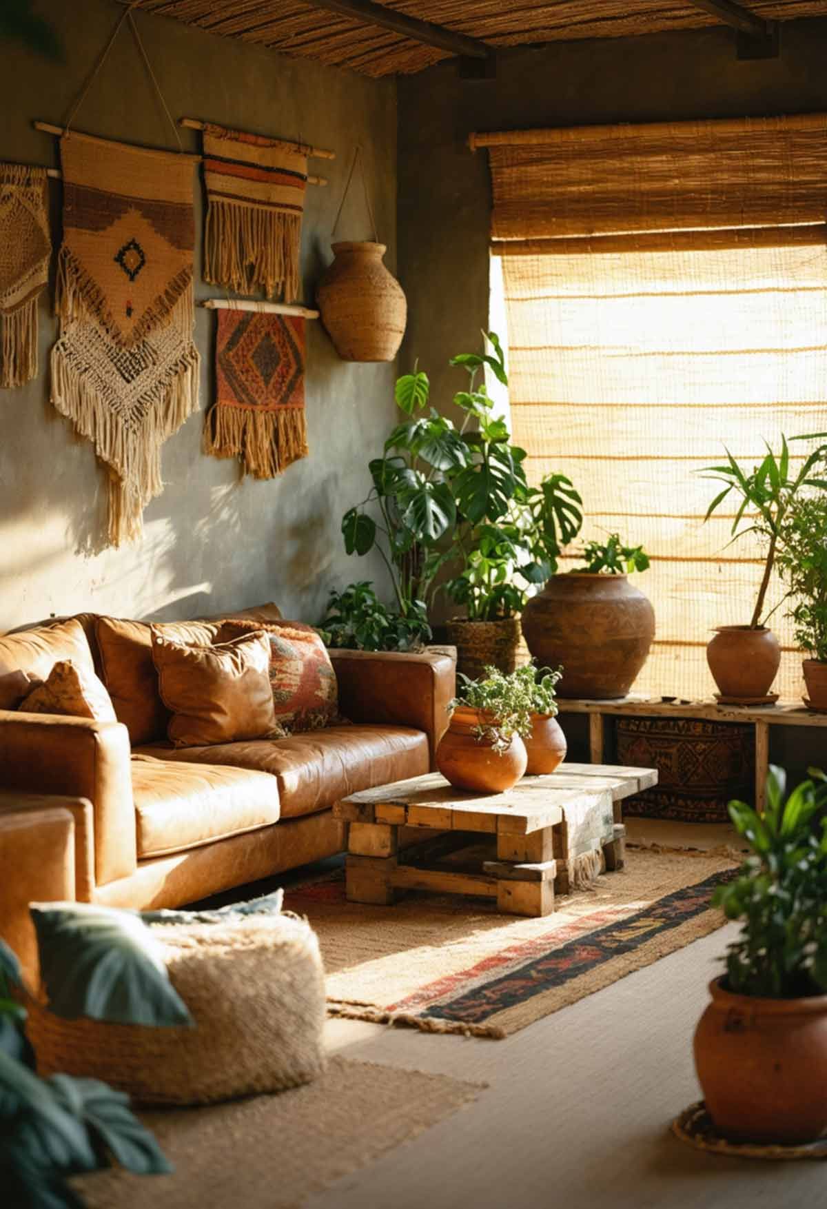 Boho look living area using natural materials and colours