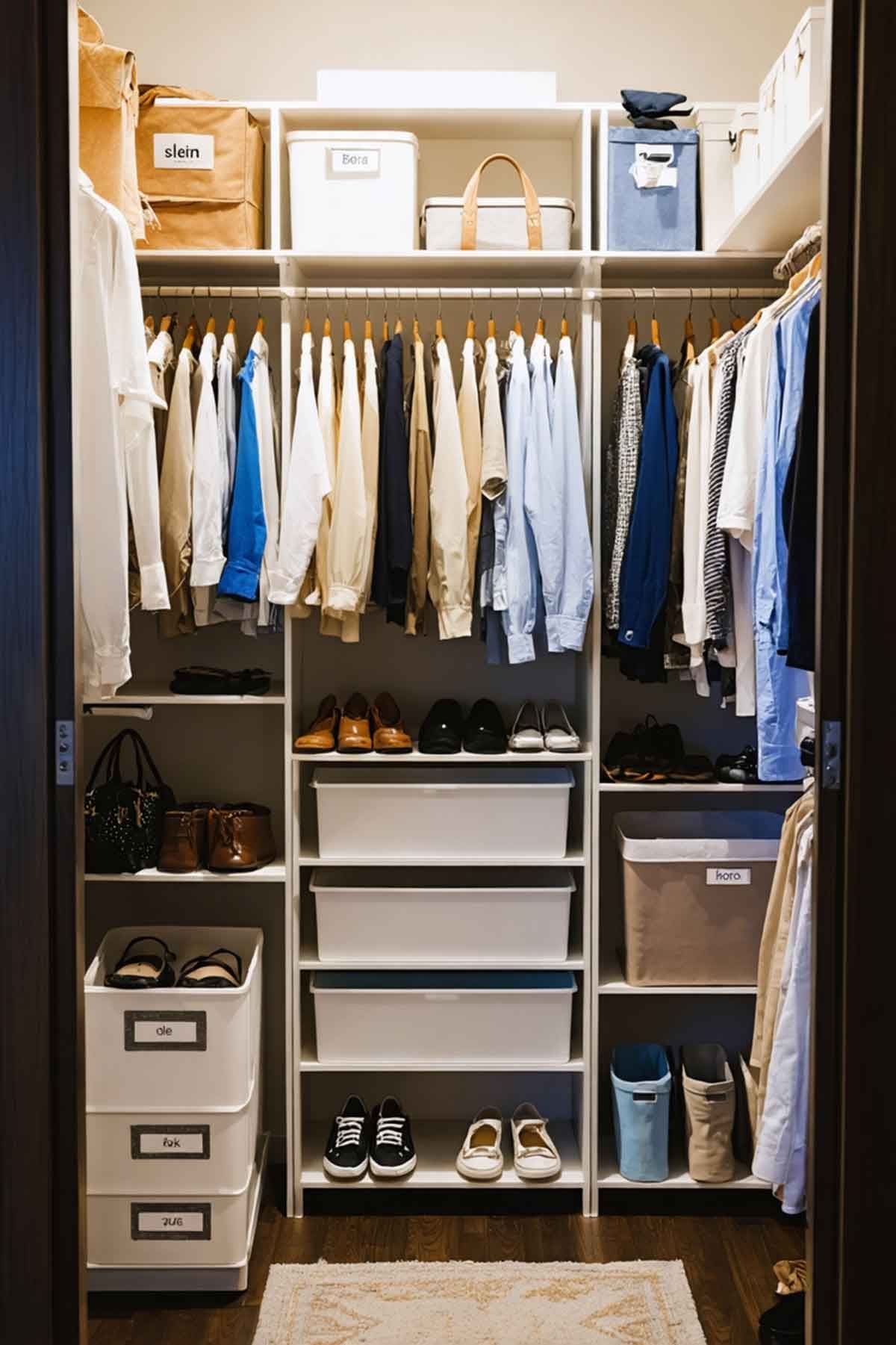 A small closet using storage drawers and boxes for best use.