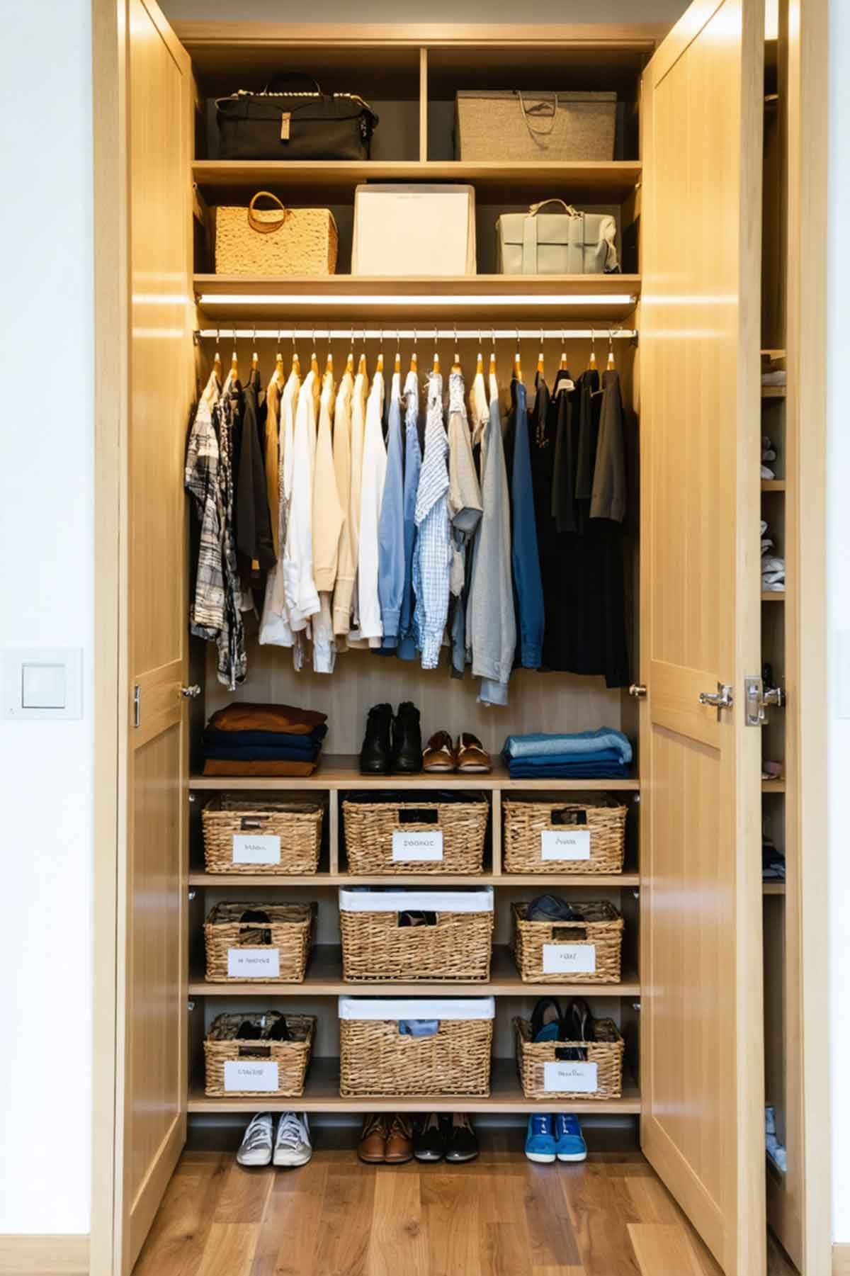 An organised closed with timber shelving and short hanging space