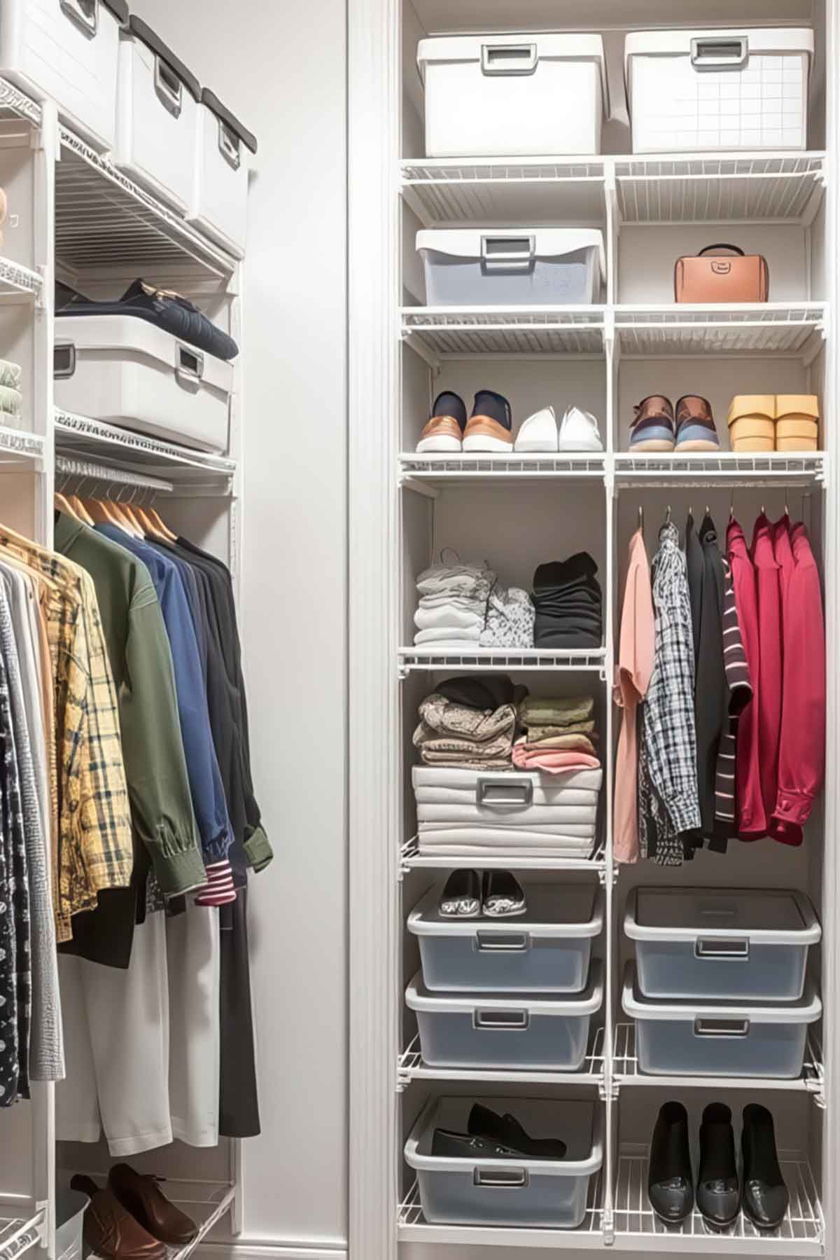 A super well organised closet with mesh shelving