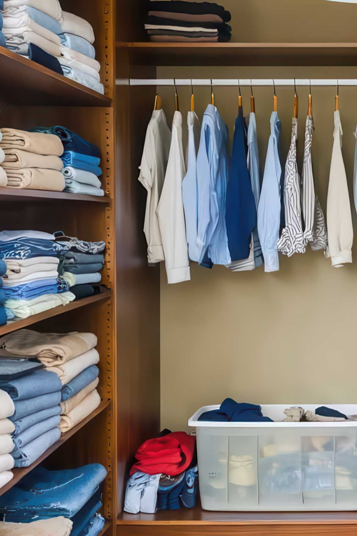 Closet with many pairs of jeans on the self. 
