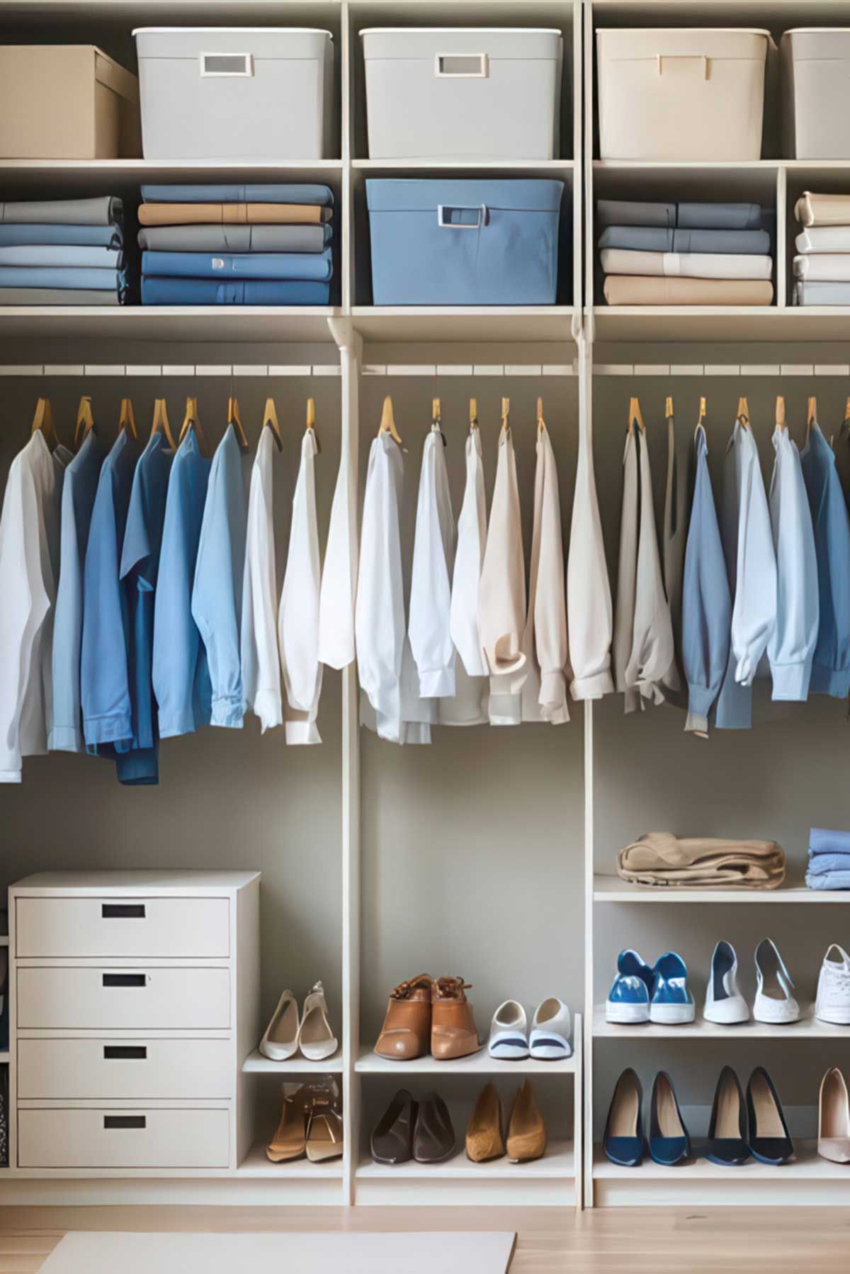 A closet embracing the colour matching theme of storage