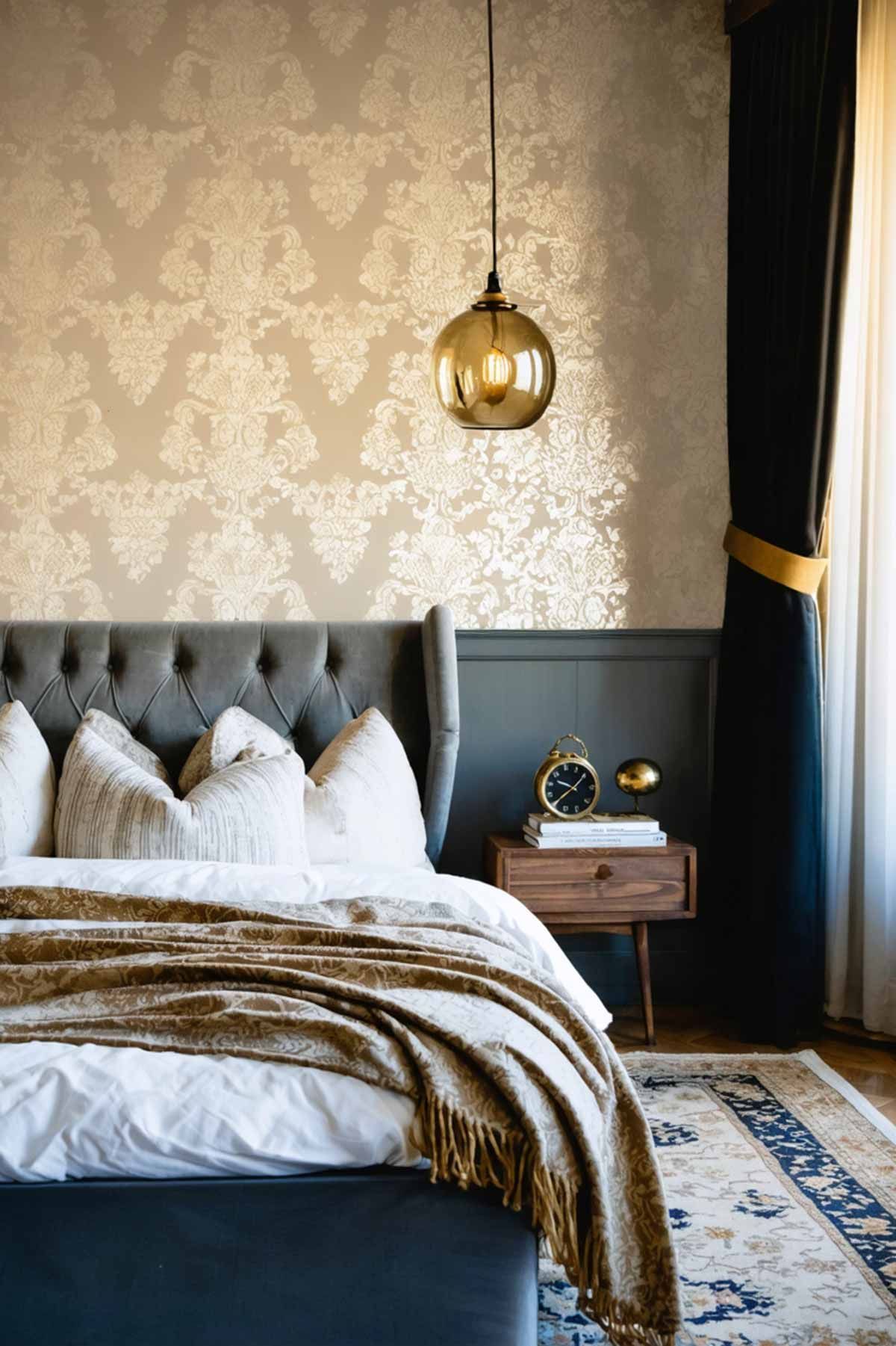 A luxurious bedroom with a grey upholstered bed head, vintage style wallpaper and a golden class light fixture.