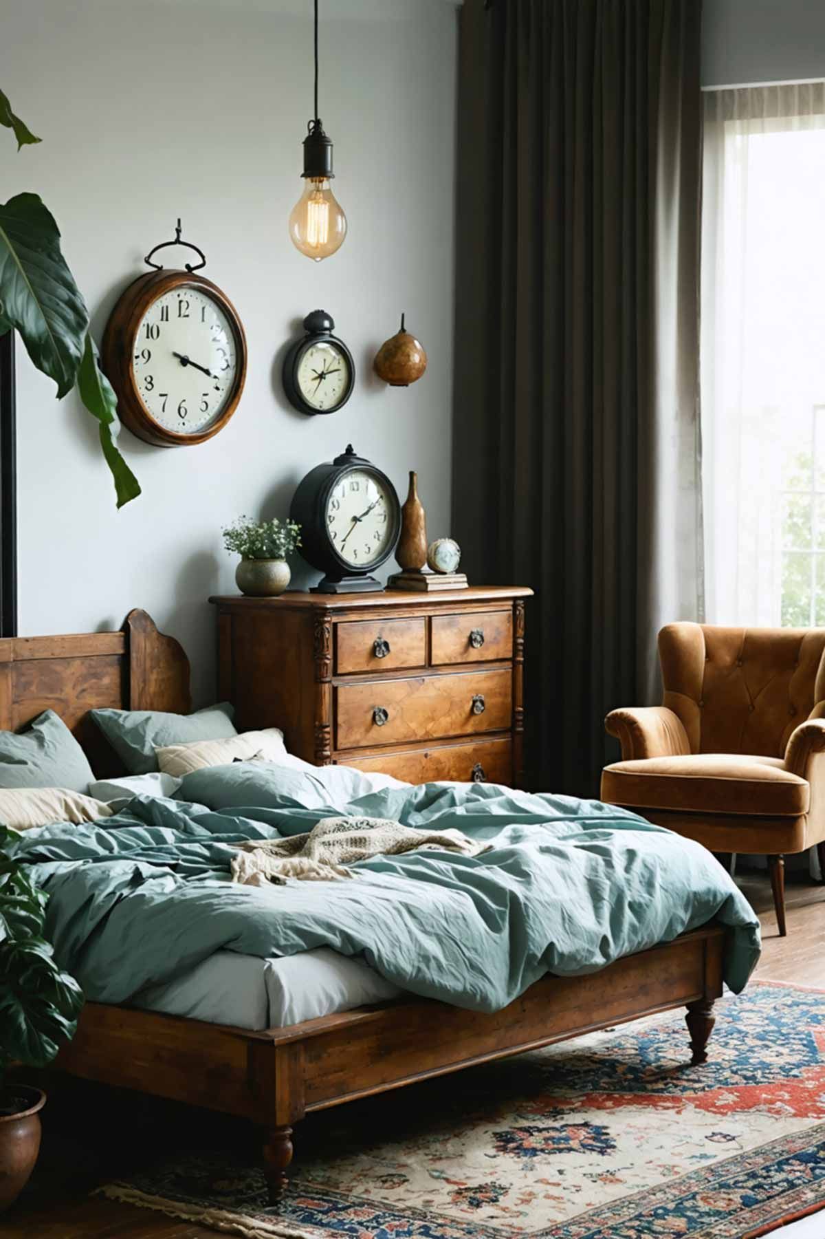 A modern styled bedroom with vintage clocks on the wall to create interest. 