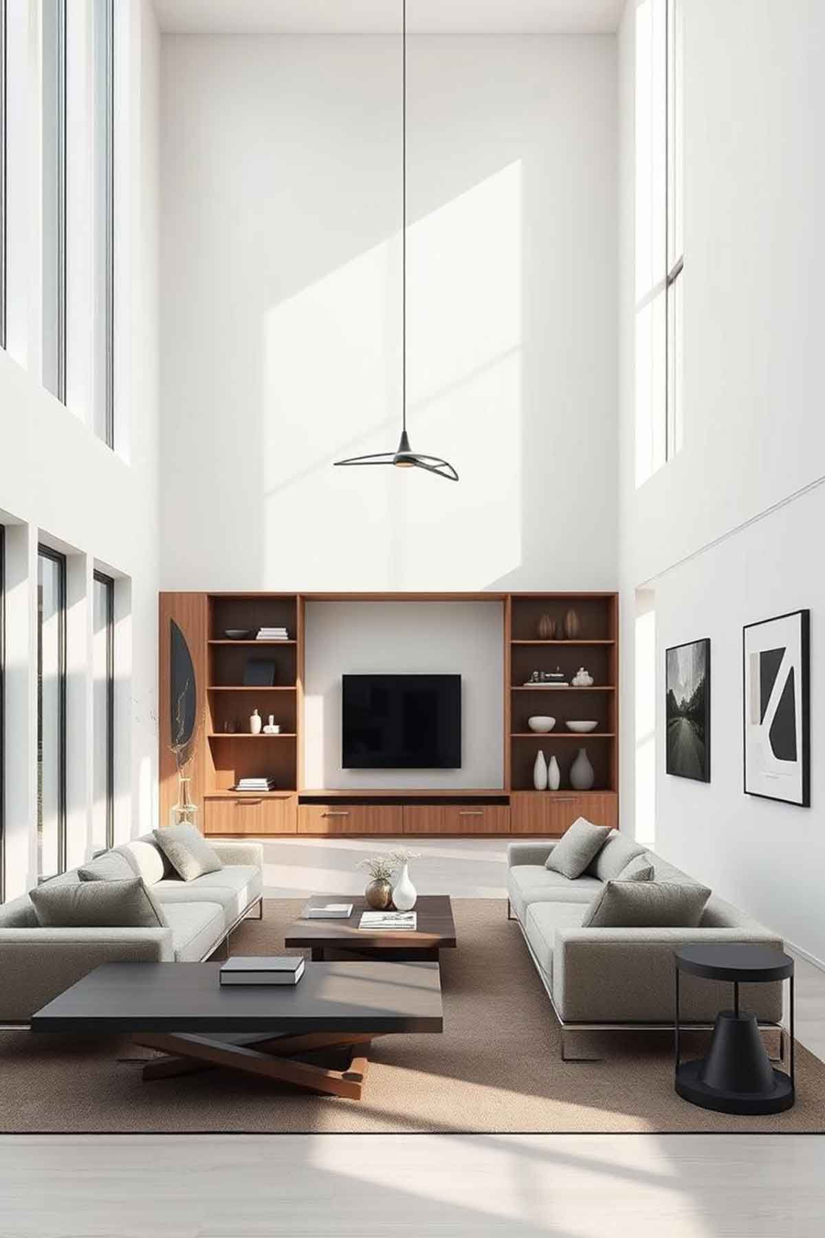 A mid century styled living room with two couches , a coffee table , and a flat screen tv.