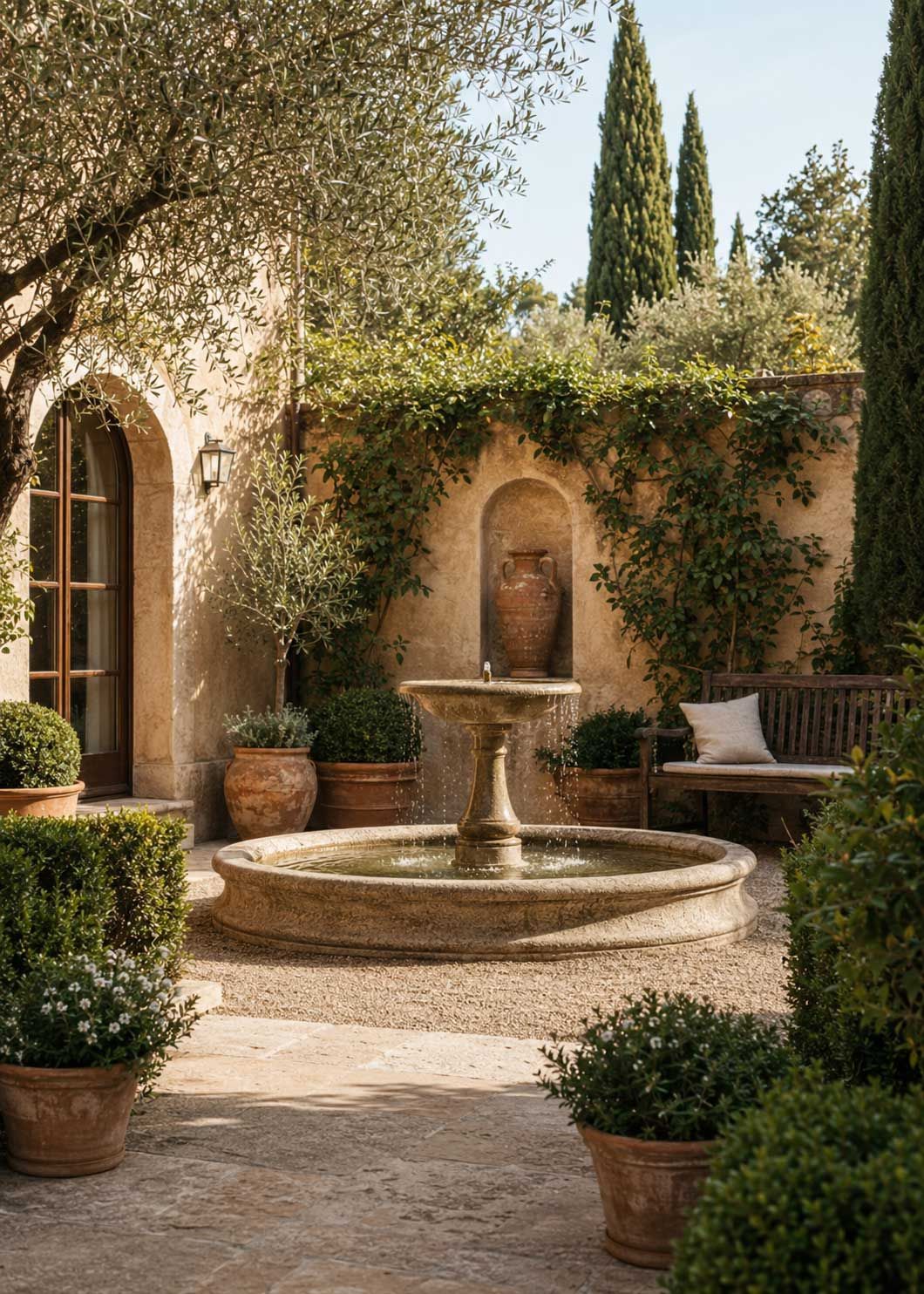 An Italian style courtyard with a water feature is fully achievable in a small space 