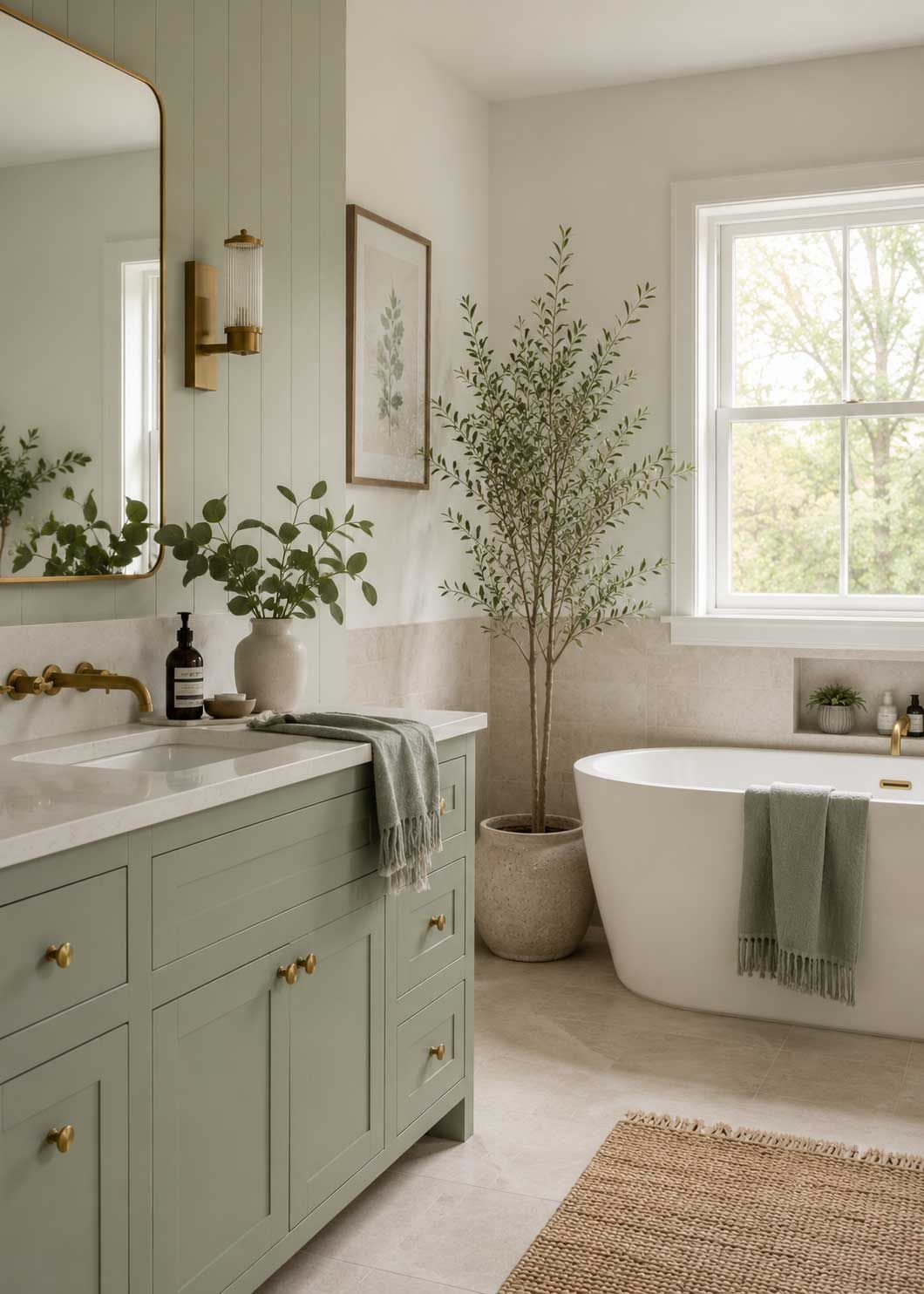 Soft eucalyptus green used in a naturally styled bathroom. 