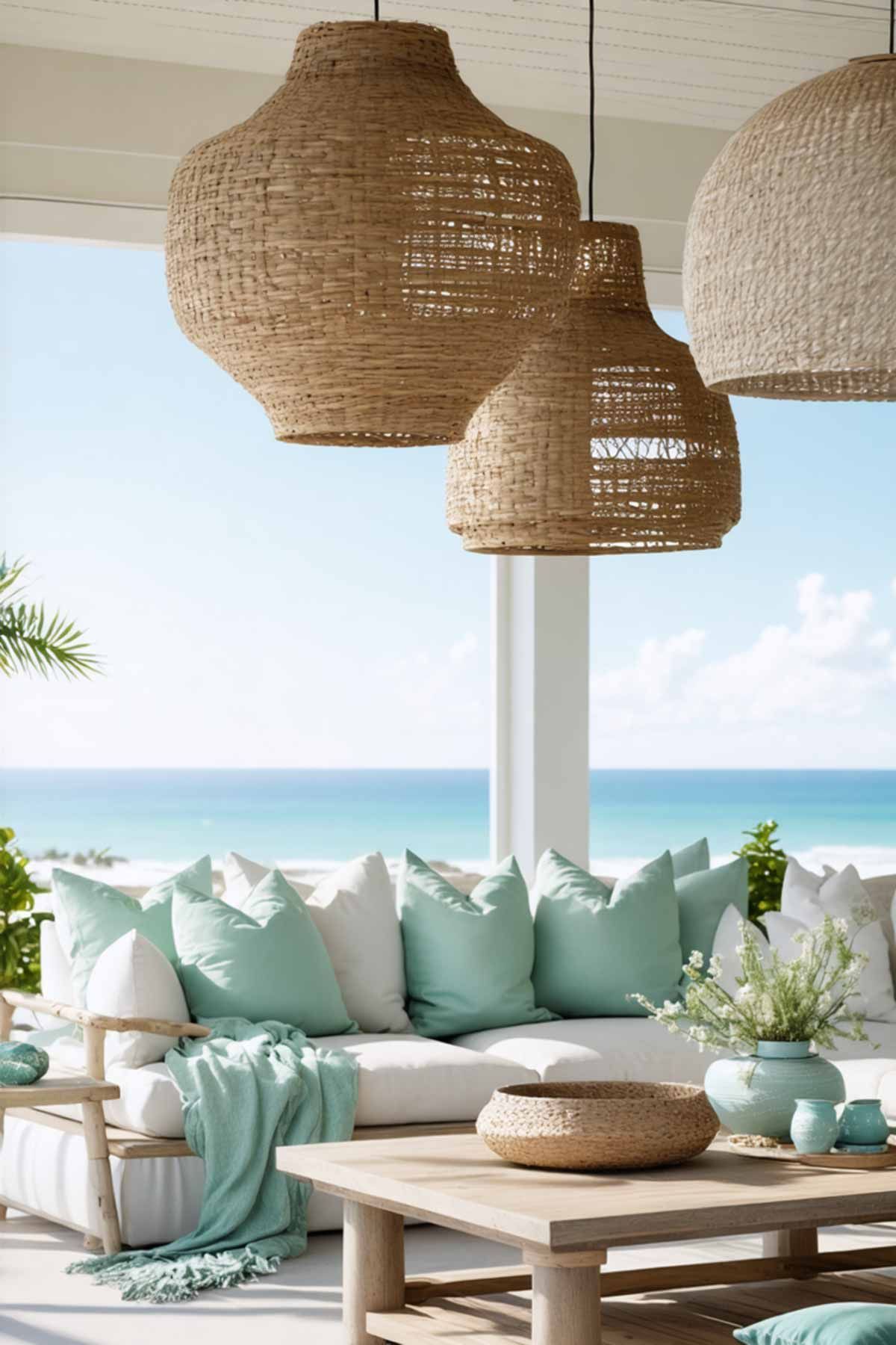 Rattan suspended lighting in a coastal inspired living room