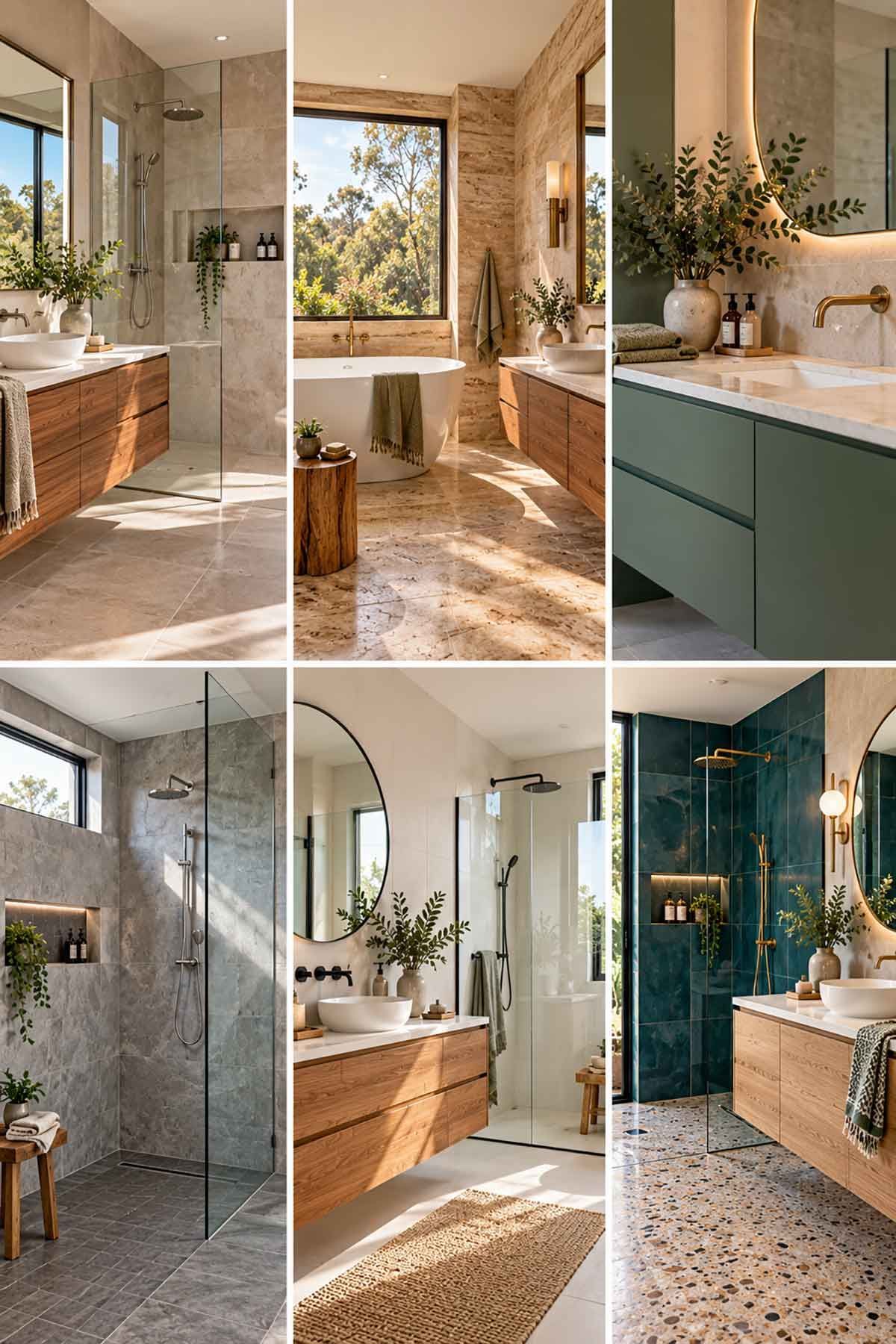 Colourful Australian bathroom with blue-green porcelain tiles, terrazzo-look flooring and pale timbe