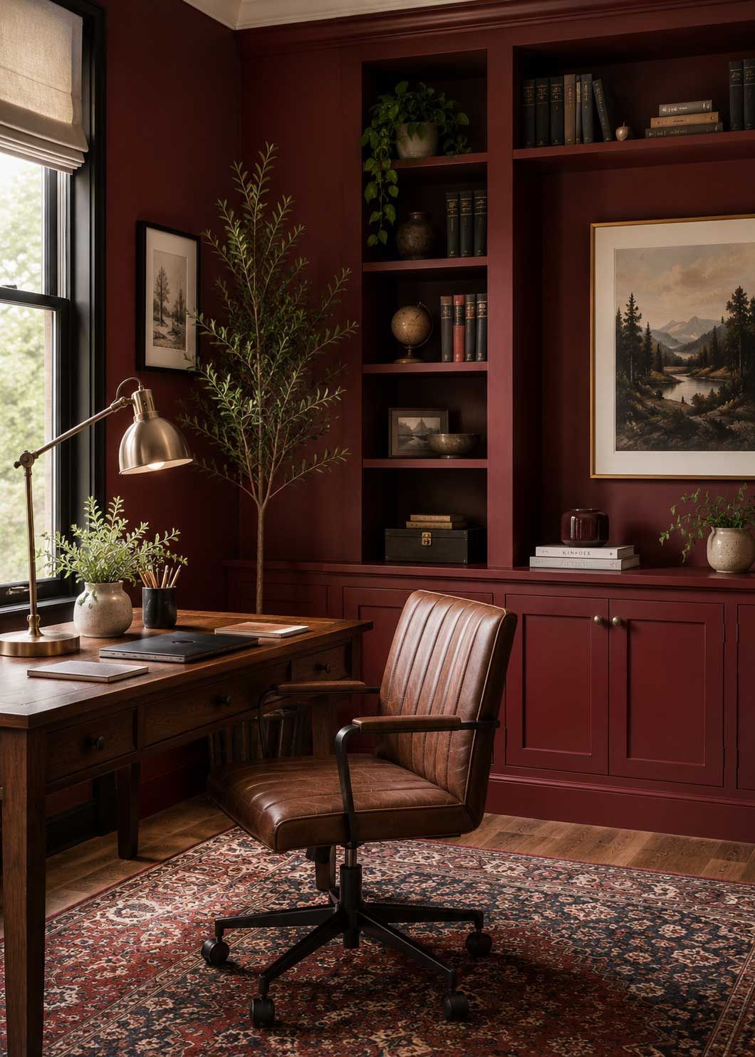 Dark red in an office space creating a moody warm feel.