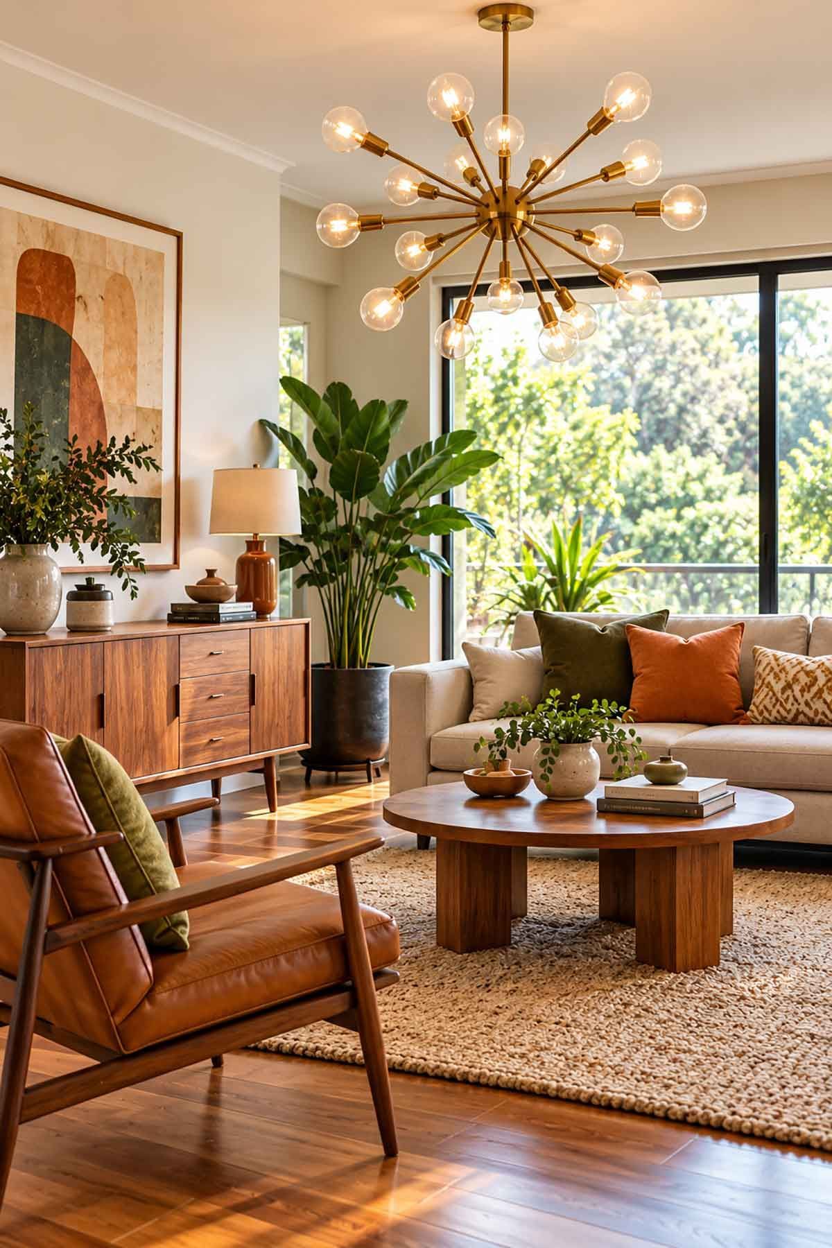 Mid-century modern Australian living room with a brass Sputnik chandelier, timber furniture and olive green accents.