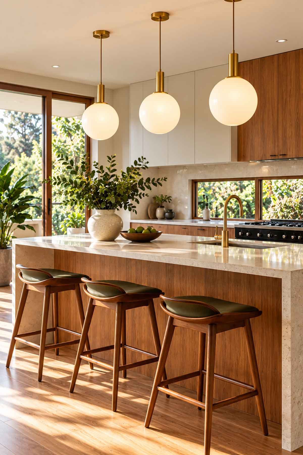 Modern Australian kitchen with opal glass globe pendant lights, brass fittings and warm timber cabinetry.